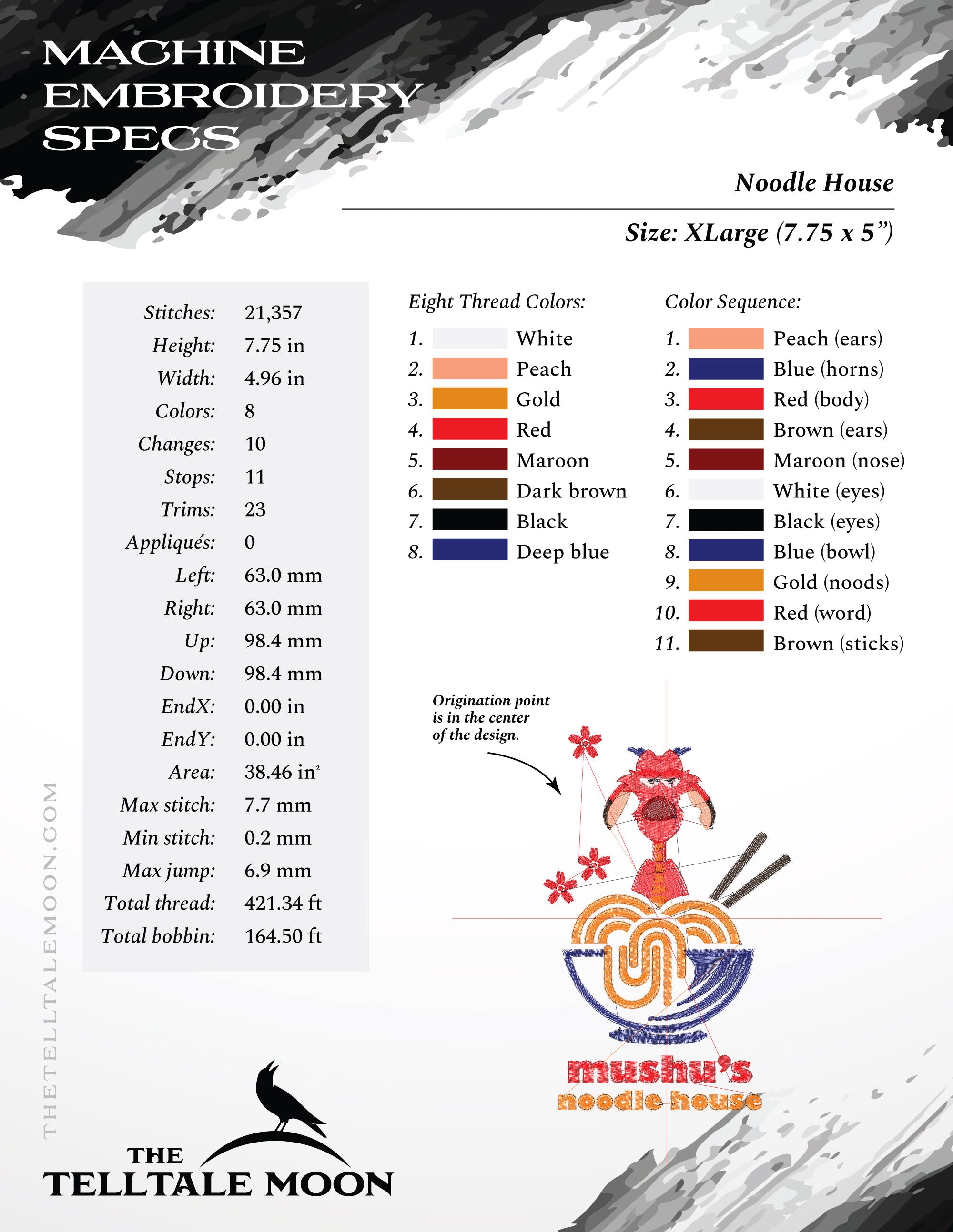 Embroidery: Fun "Noodle House" Design - Pocket Version, Plus Sizes 5 to 10 Inches Tall