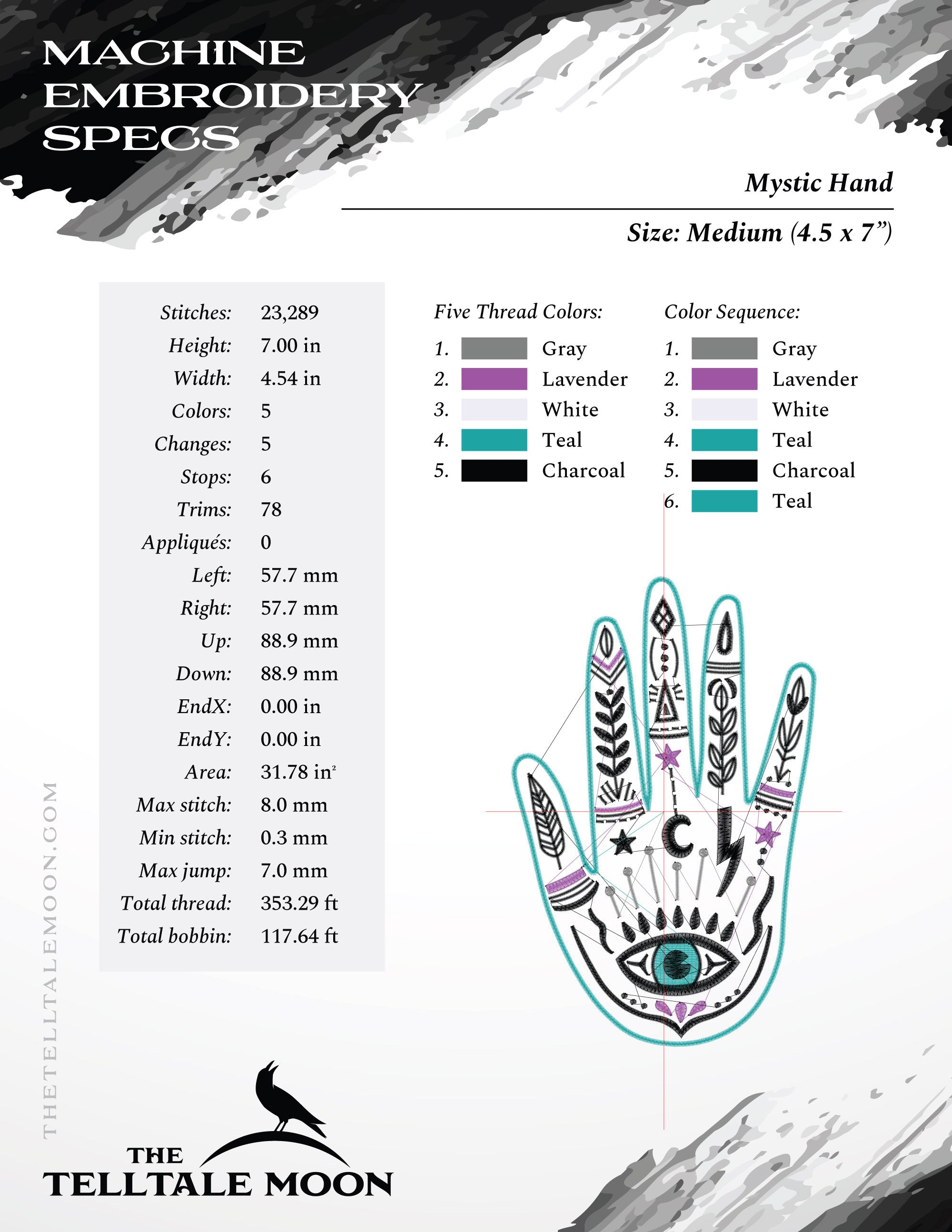 Embroidery: Folk Magic Palmistry Design (7 and 8.5 Inches Tall, in 5 Thread Colors)