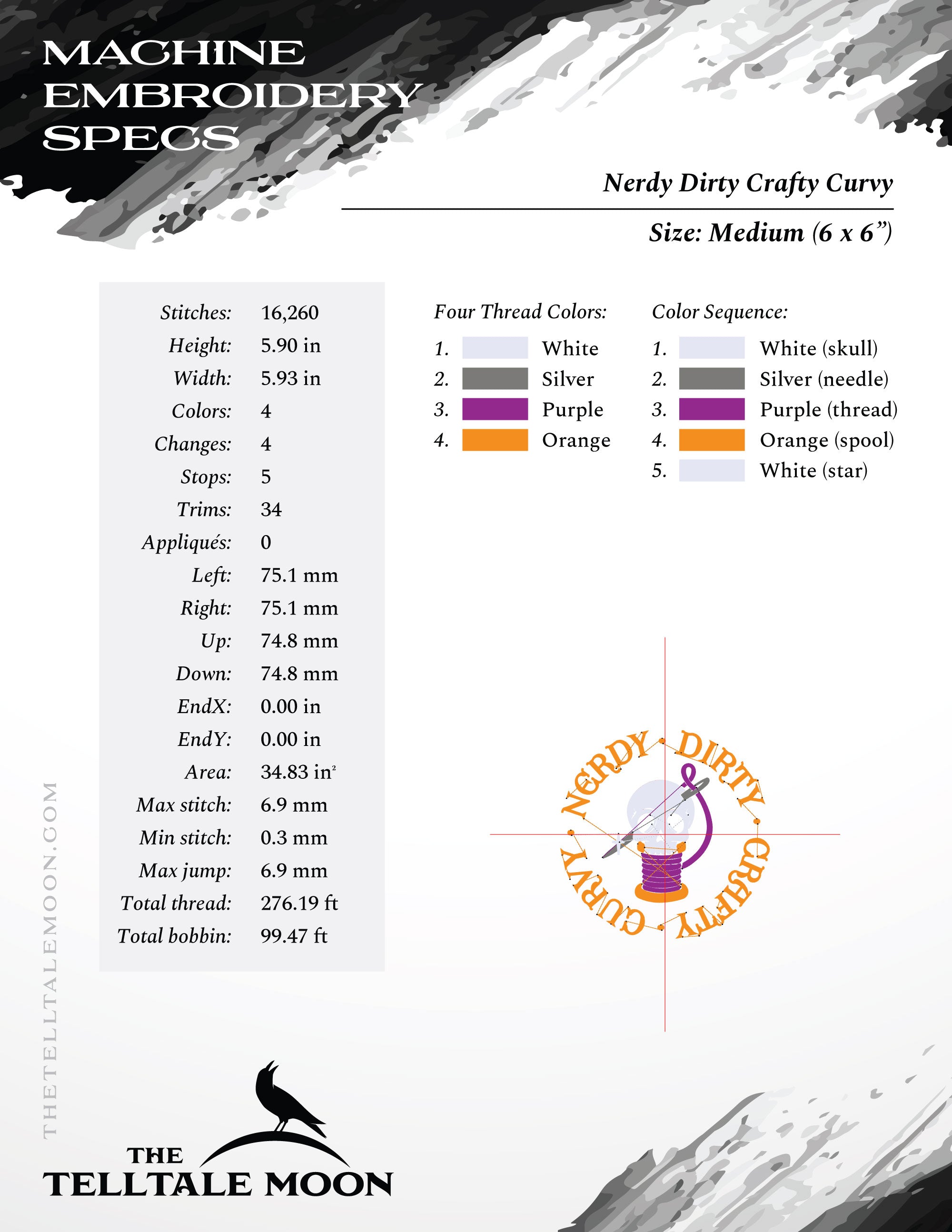 Embroidery: "Nerdy Dirty Crafty Curvy" Thread Spool Design - 4, 5, 6, 7.75, and 9 Inches