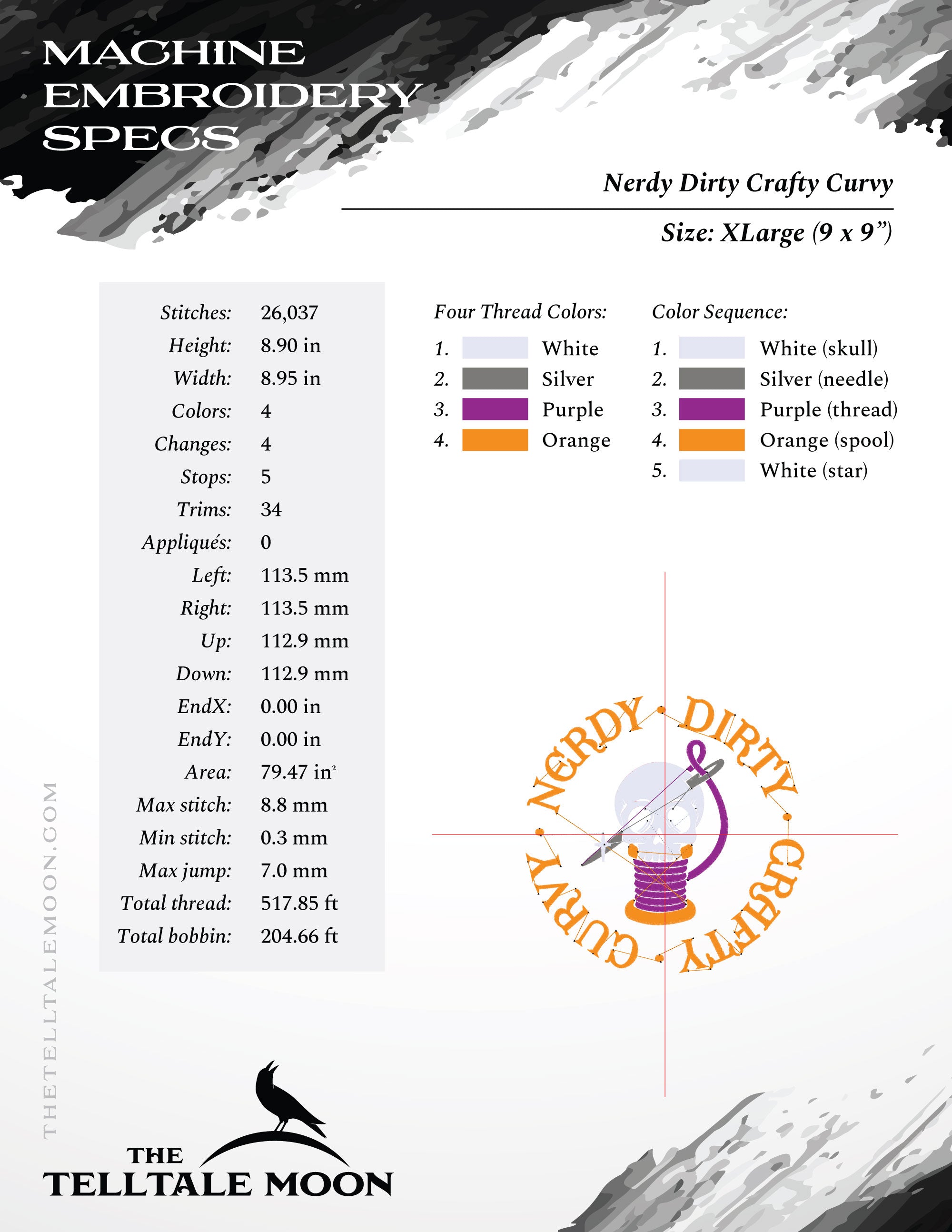 Embroidery: "Nerdy Dirty Crafty Curvy" Thread Spool Design - 4, 5, 6, 7.75, and 9 Inches