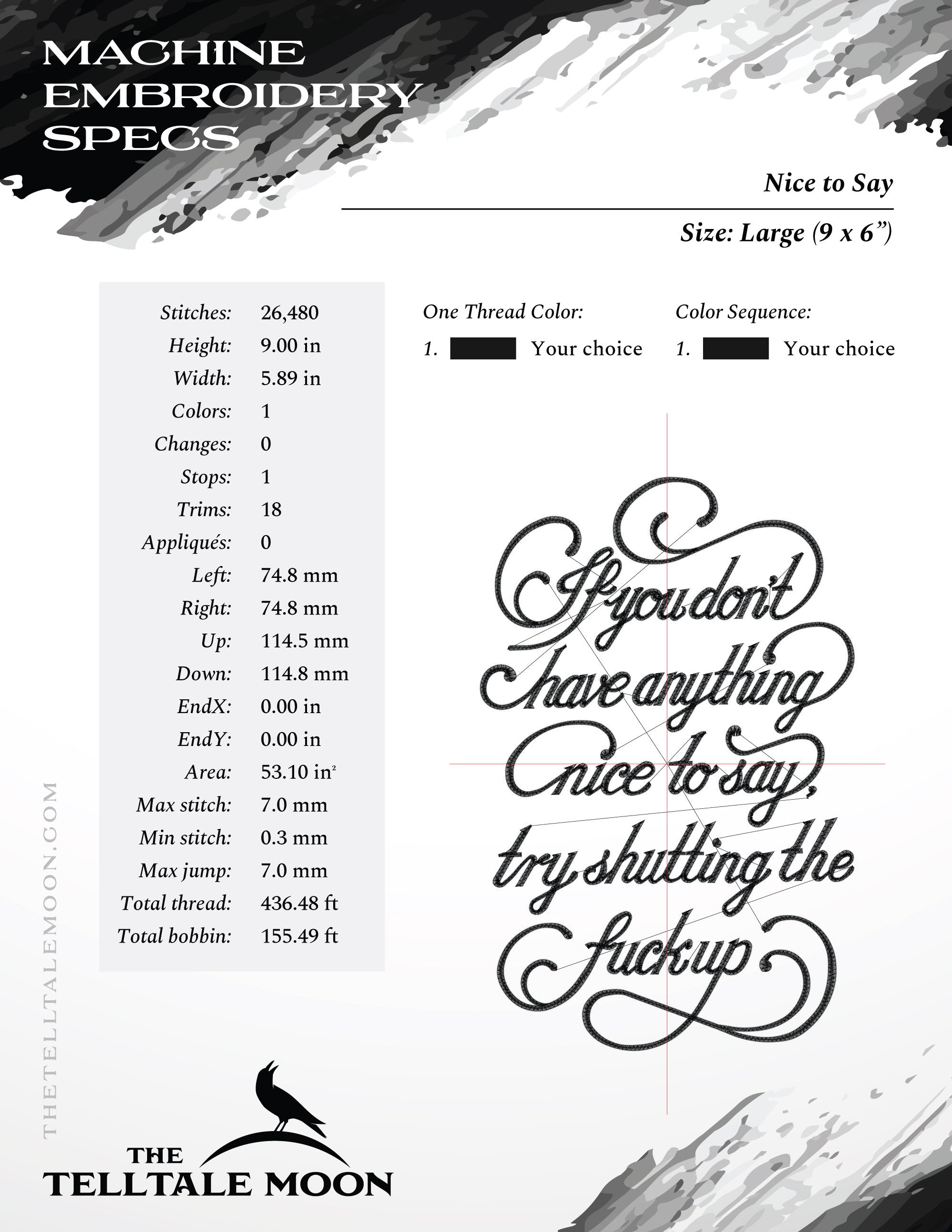 Machine Embroidery: "Nothing Nice to Say" Typography (7, 7.5 and 9 Inches Tall)