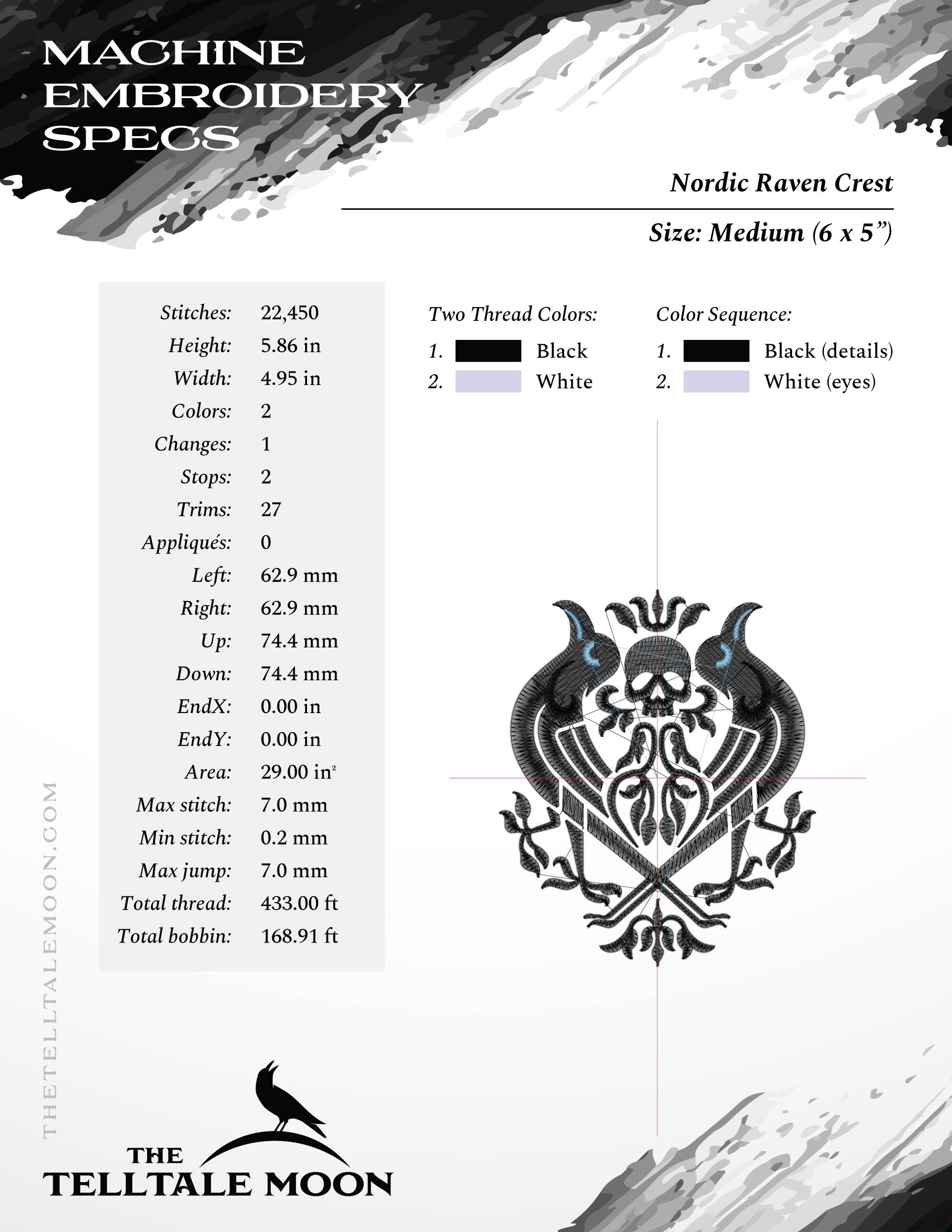 Embroidery: Nordic Raven Crest in Three Sizes Between 5 and 6.5 Inches