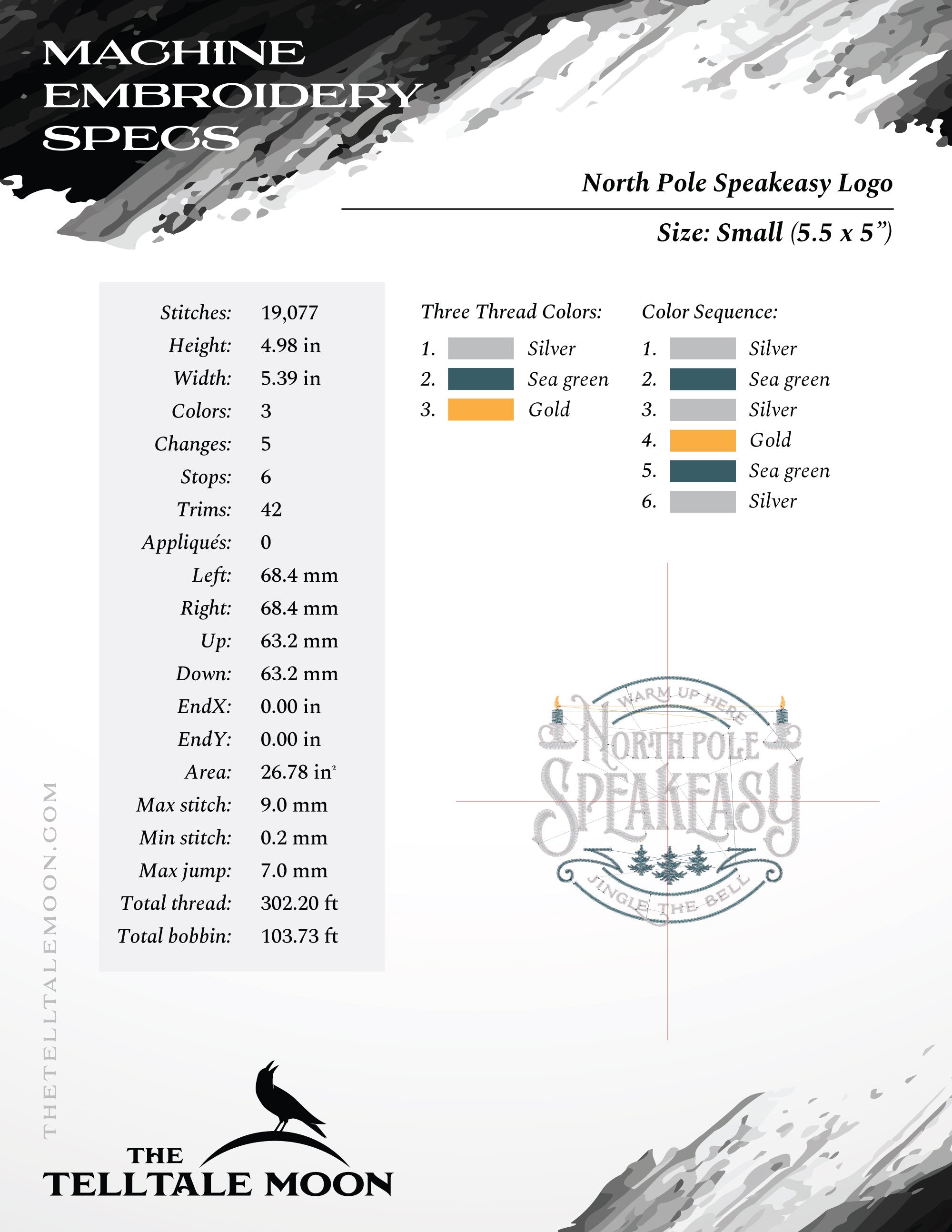 Embroidery: Nostalgic "North Pole Speakeasy" Vintage-look Design - Four Sizes Between 5.5 and 8.5 Inches Wide - Three Thread Colors