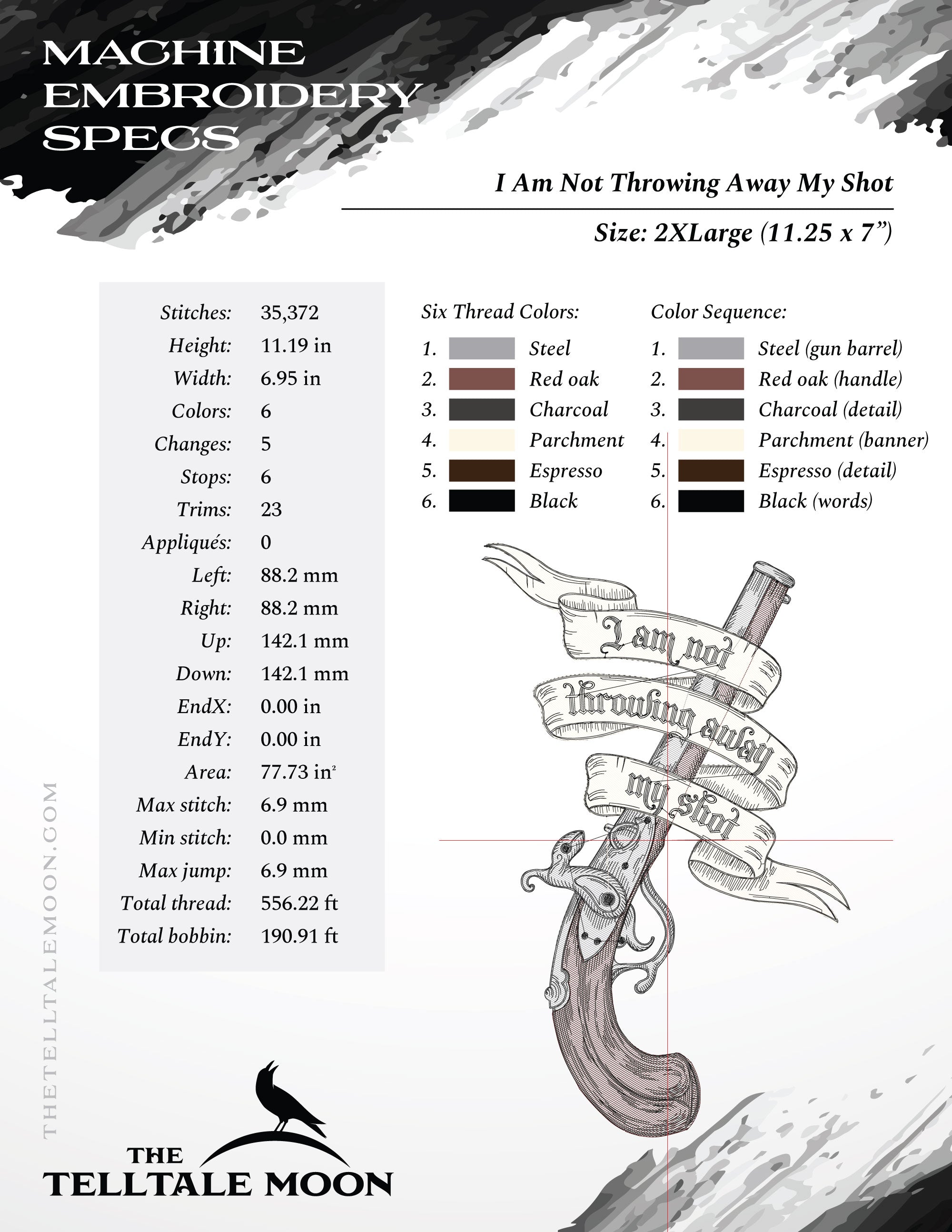 Embroidery: Hamilton-inspired Sketch with Revolutionary Gun - 7, 8, 9, 10, and 11 Inches Tall