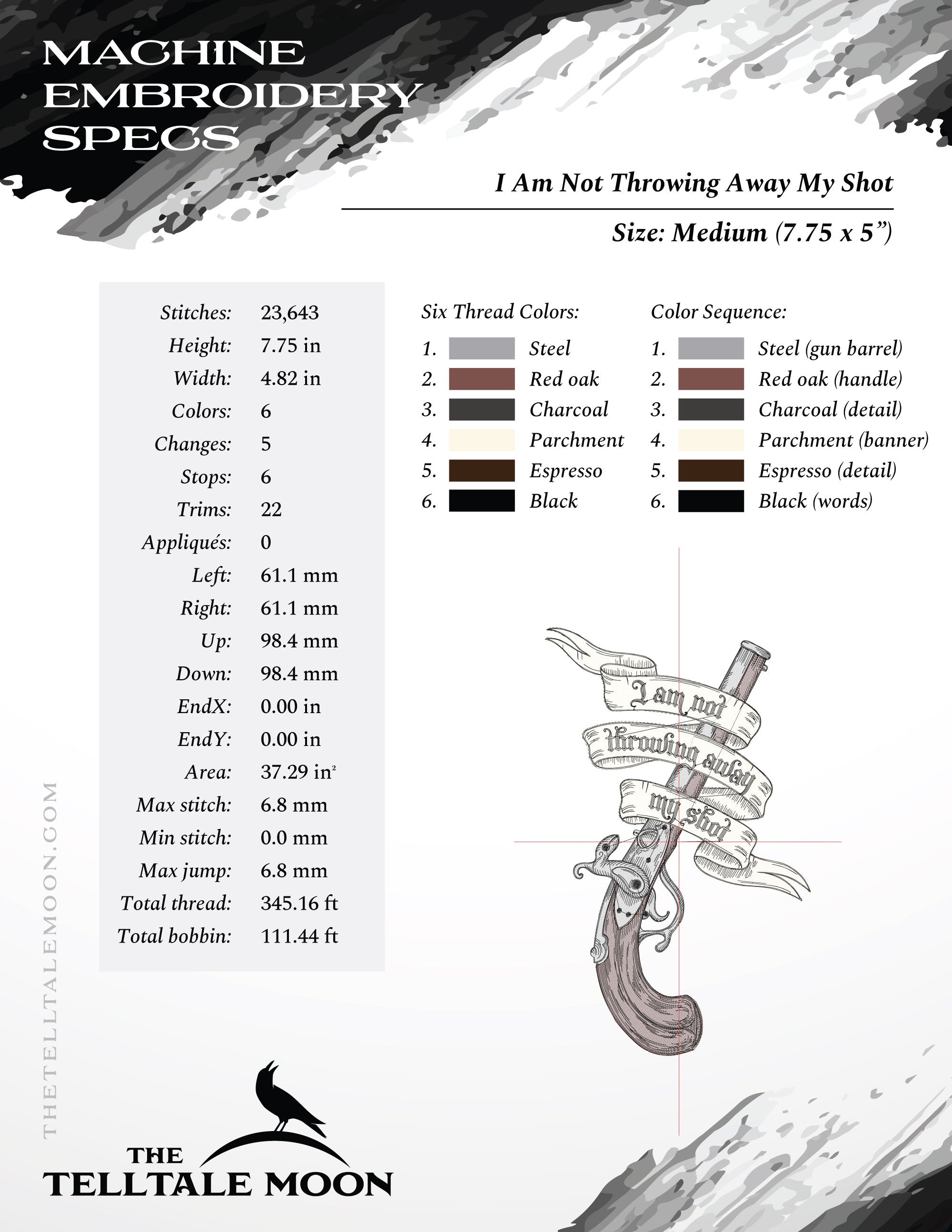Embroidery: Hamilton-inspired Sketch with Revolutionary Gun - 7, 8, 9, 10, and 11 Inches Tall
