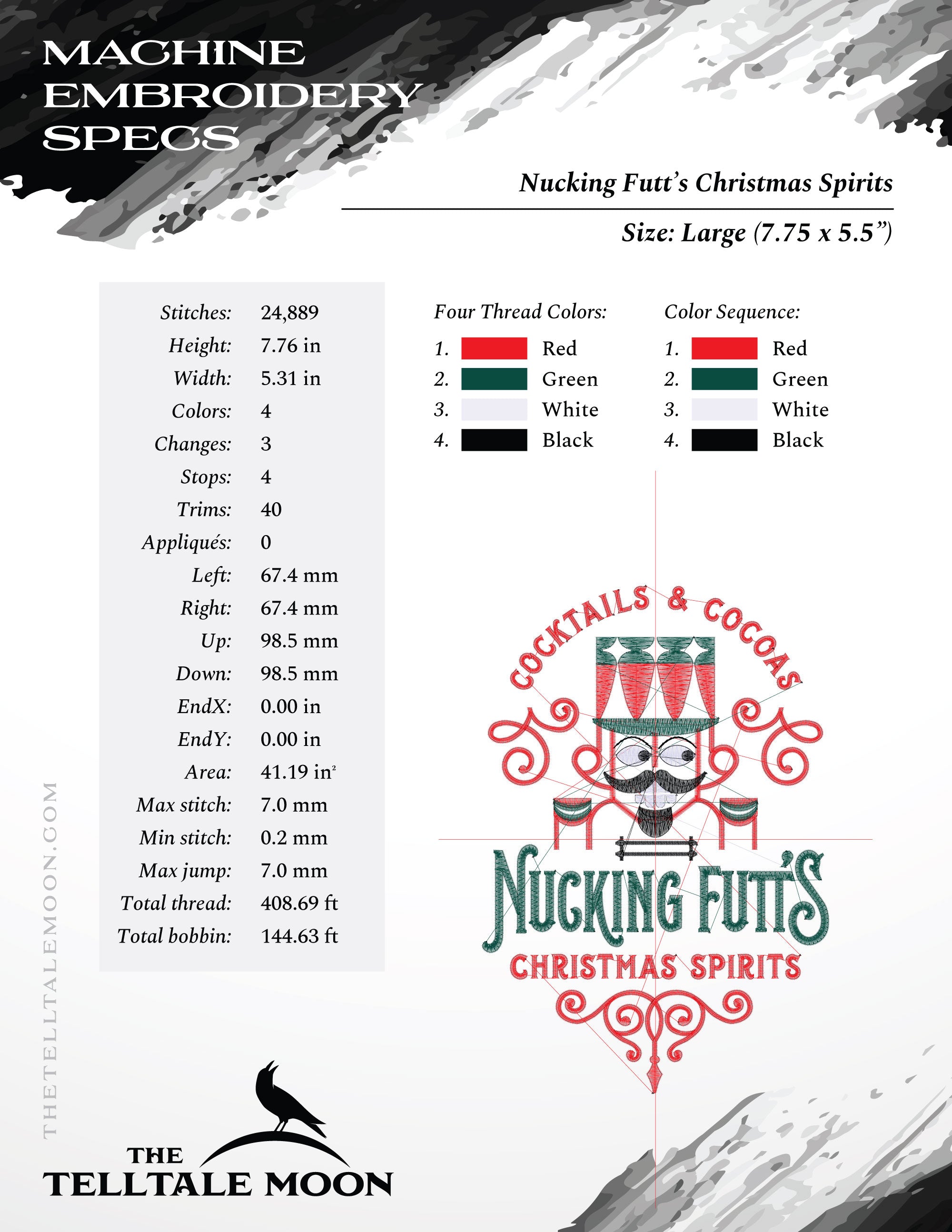 Embroidery: "Nucking Futt's Christmas Spirits" (4 Colors; 4 Sizes Between 6.5 and 8.75 Inches; Several Formats)