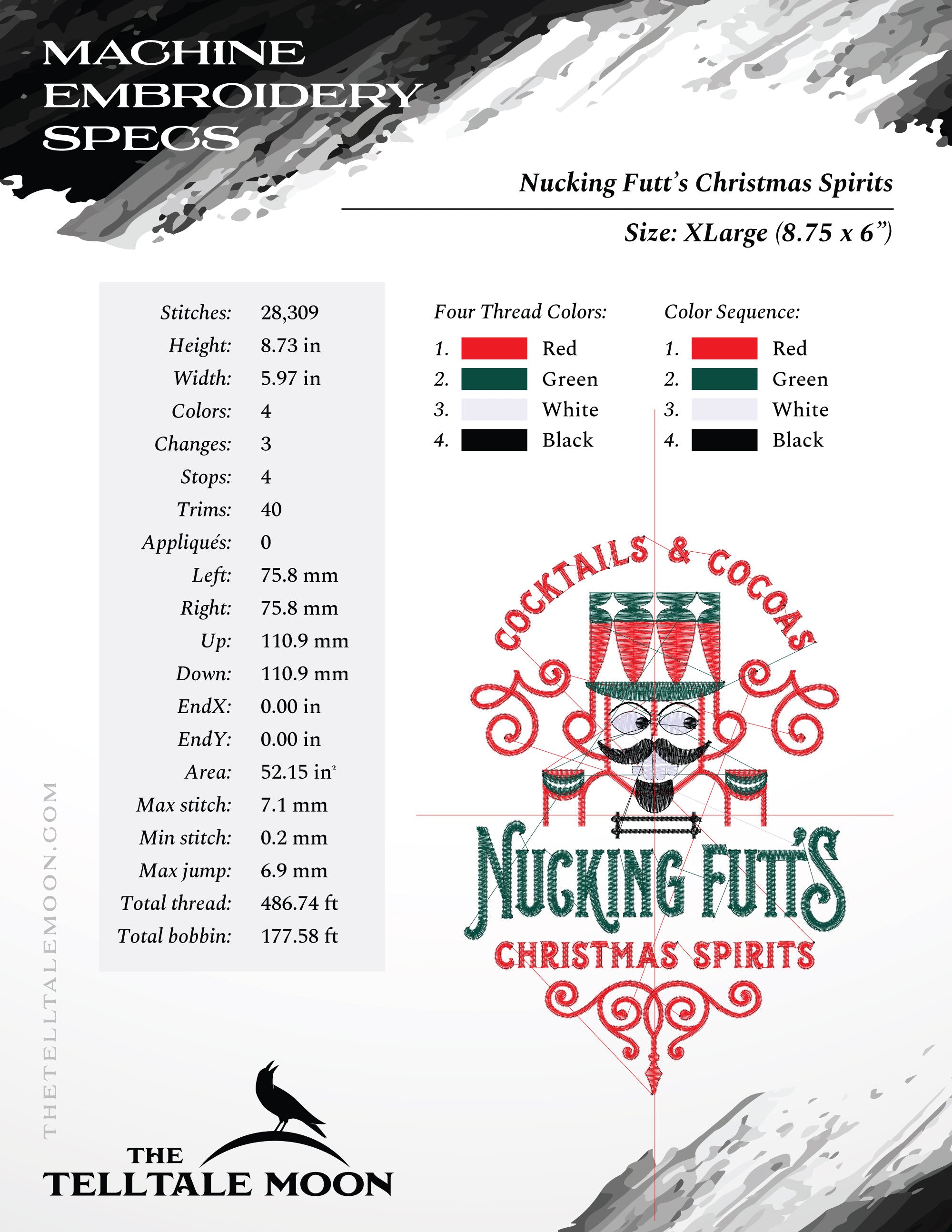 Embroidery: "Nucking Futt's Christmas Spirits" (4 Colors; 4 Sizes Between 6.5 and 8.75 Inches; Several Formats)