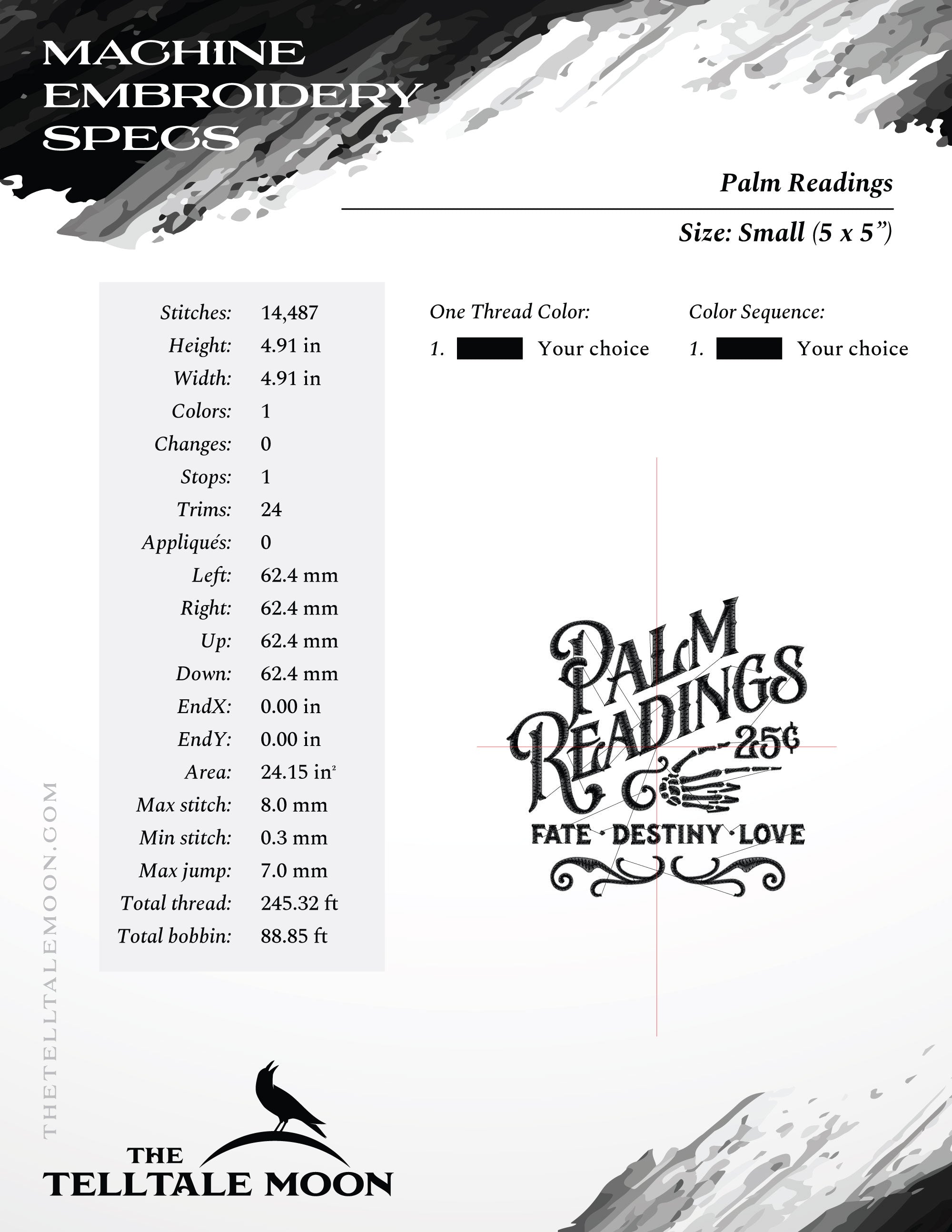 Embroidery: "Palm Readings" Dark Vintage Design - 5, 6, and 7 Inches Square