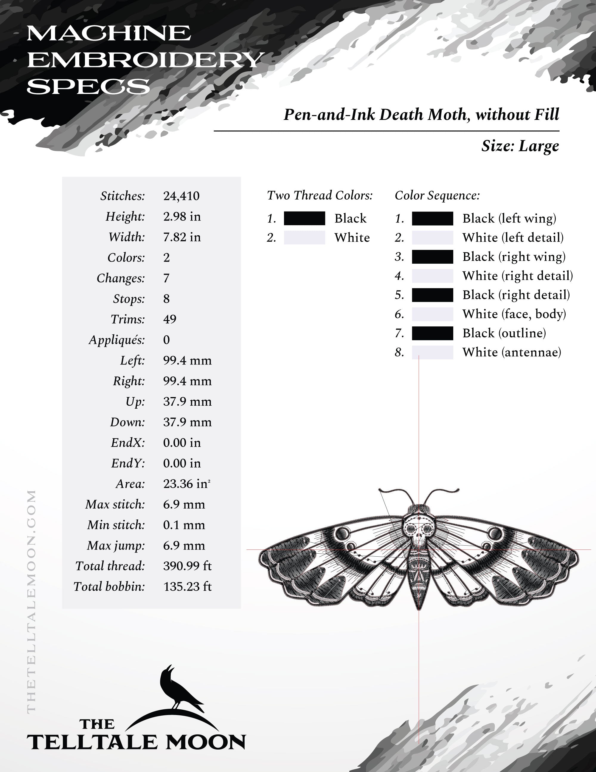 Machine Embroidery: Pen-and-ink Style of Death Moth (6.5 and 7.8 Inches)