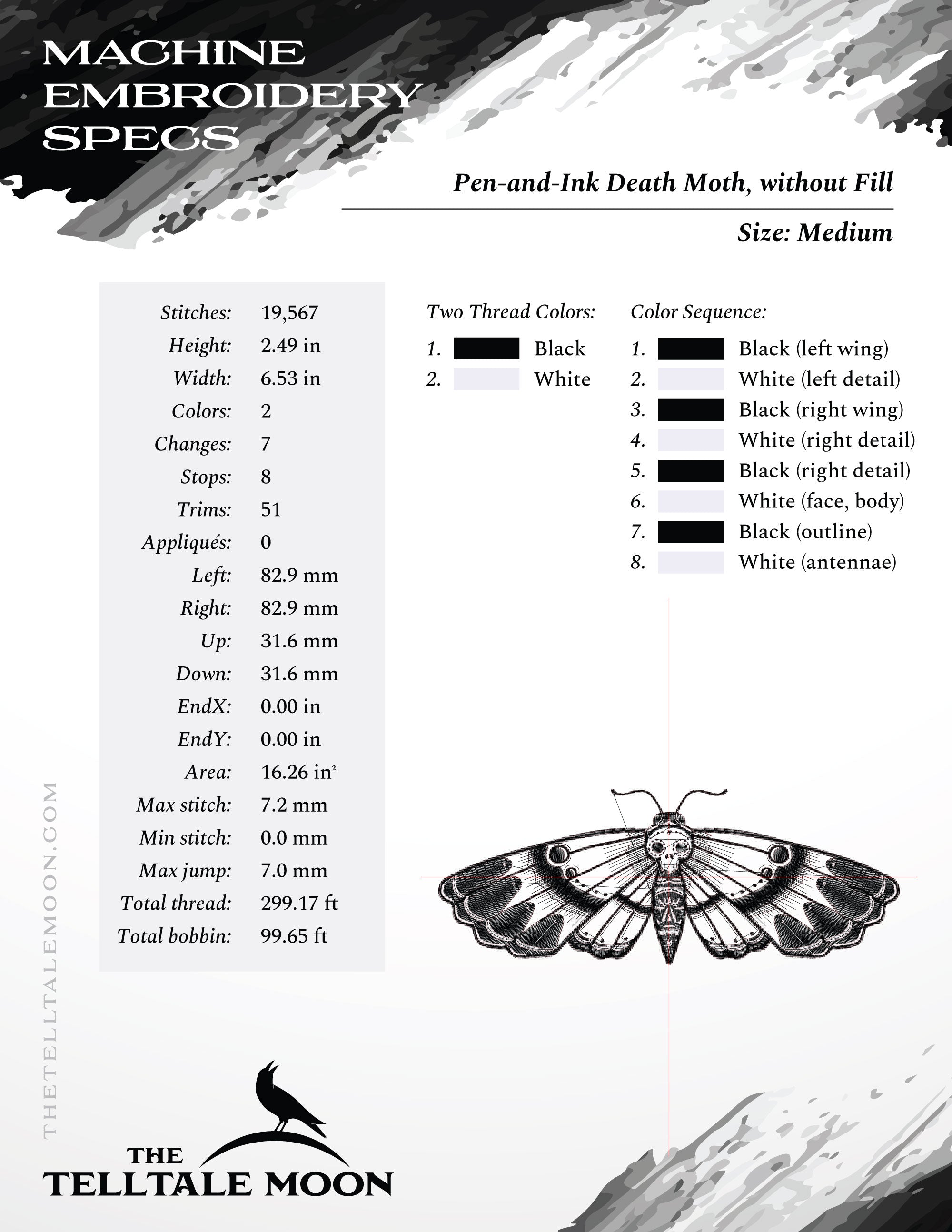 Machine Embroidery: Pen-and-ink Style of Death Moth (6.5 and 7.8 Inches)