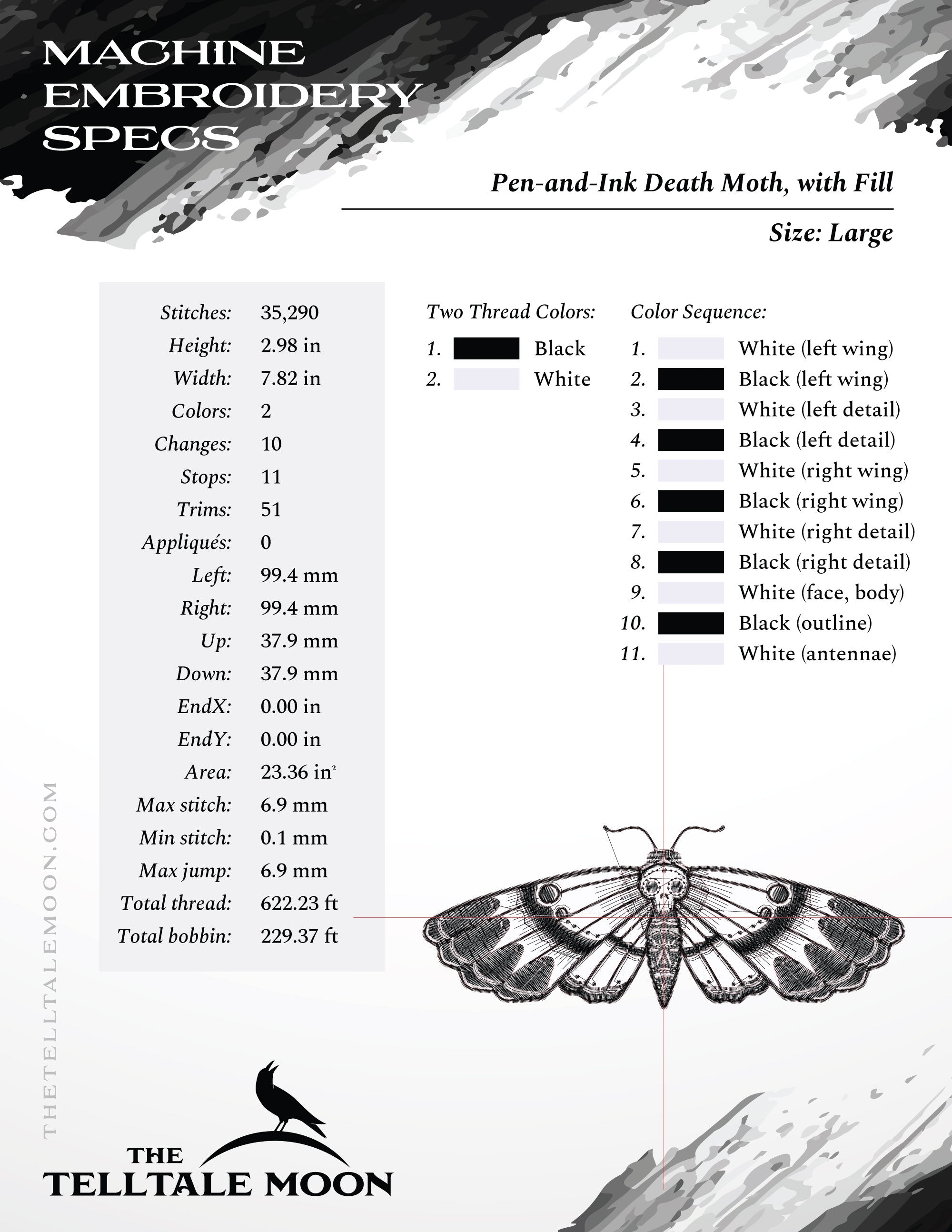 Machine Embroidery: Pen-and-ink Style of Death Moth (6.5 and 7.8 Inches)