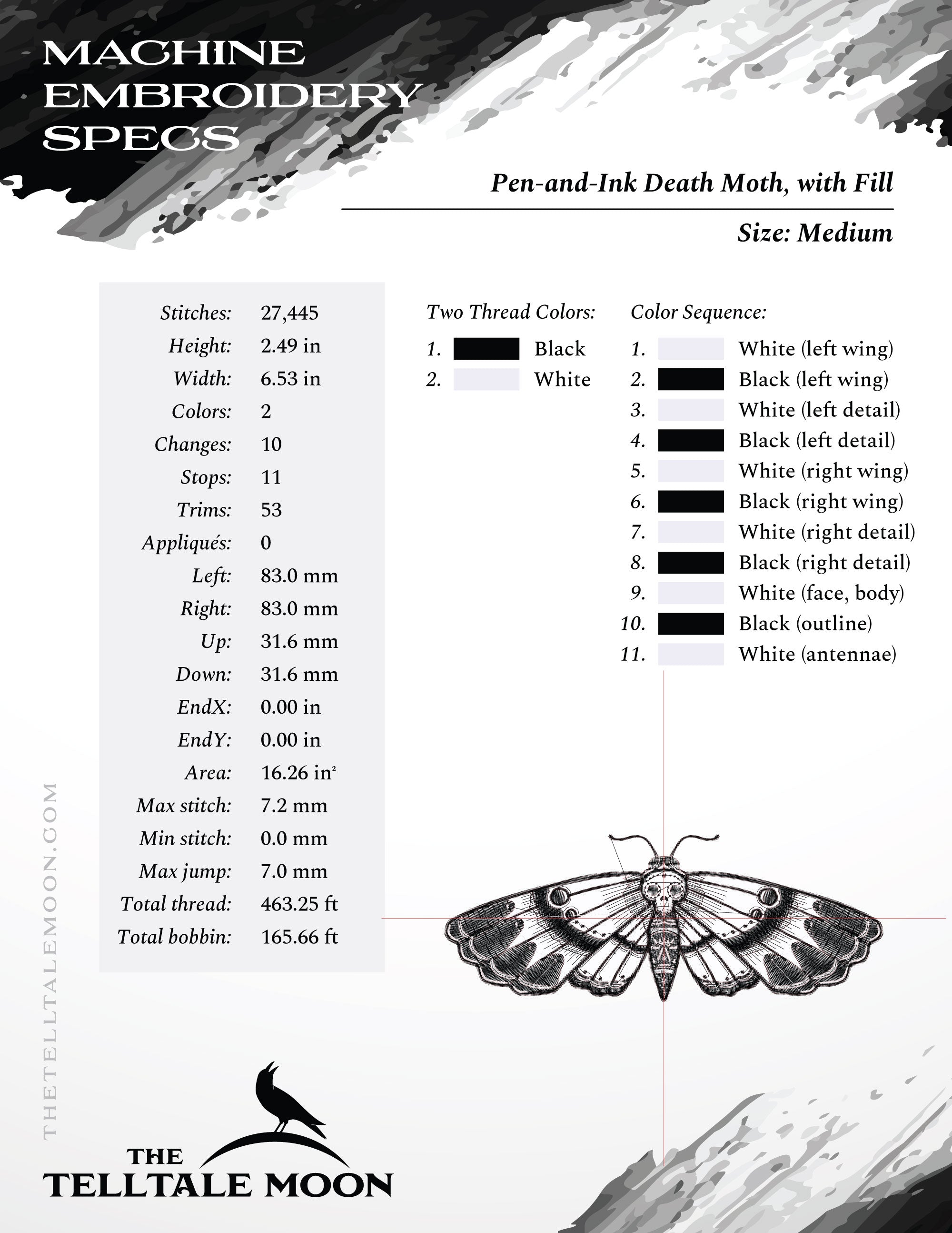 Machine Embroidery: Pen-and-ink Style of Death Moth (6.5 and 7.8 Inches)