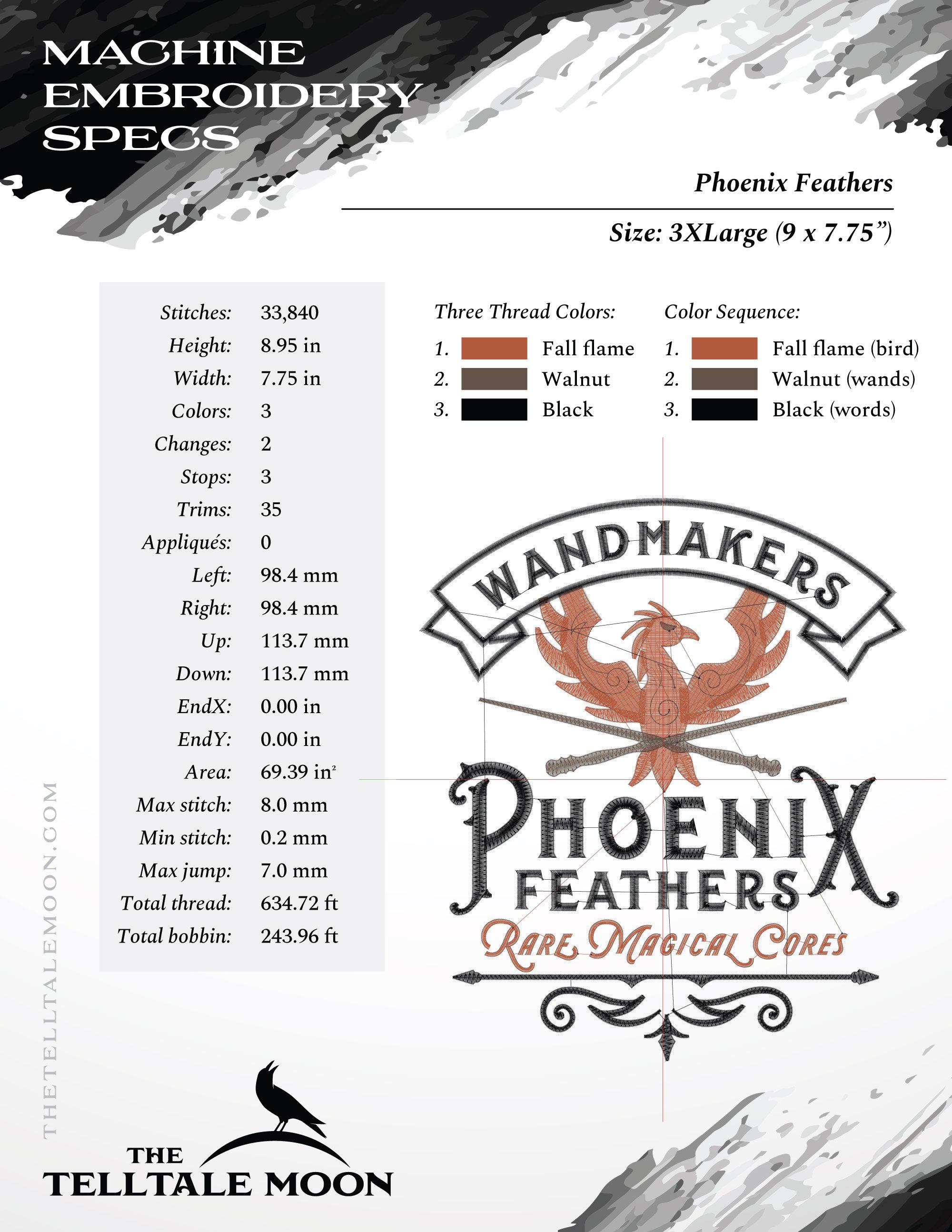 Embroidery: "Phoenix Feathers" Wizard Wandmaker Logo (4, 5, 6, 7, 8, 9, and 10 Inches)