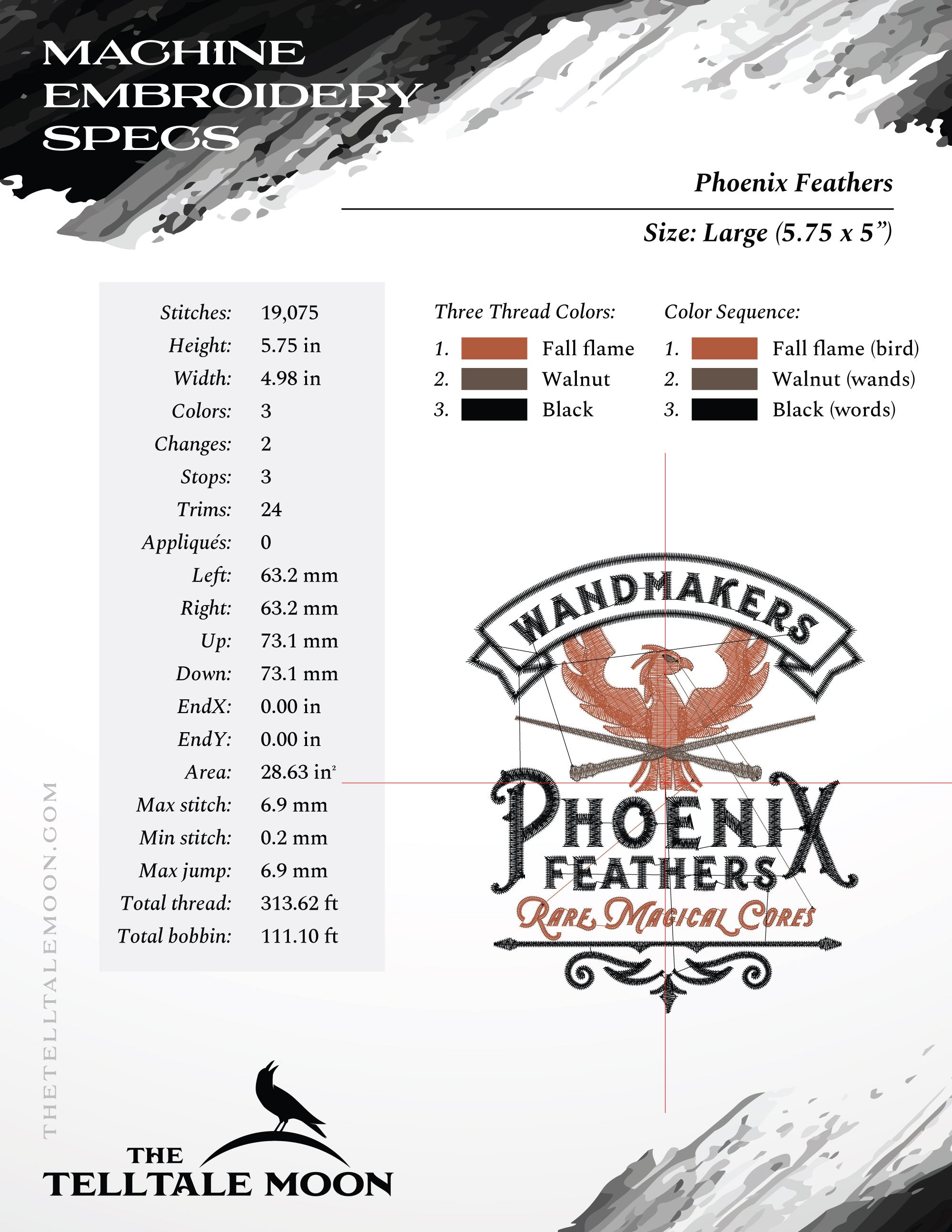 Embroidery: "Phoenix Feathers" Wizard Wandmaker Logo (4, 5, 6, 7, 8, 9, and 10 Inches)