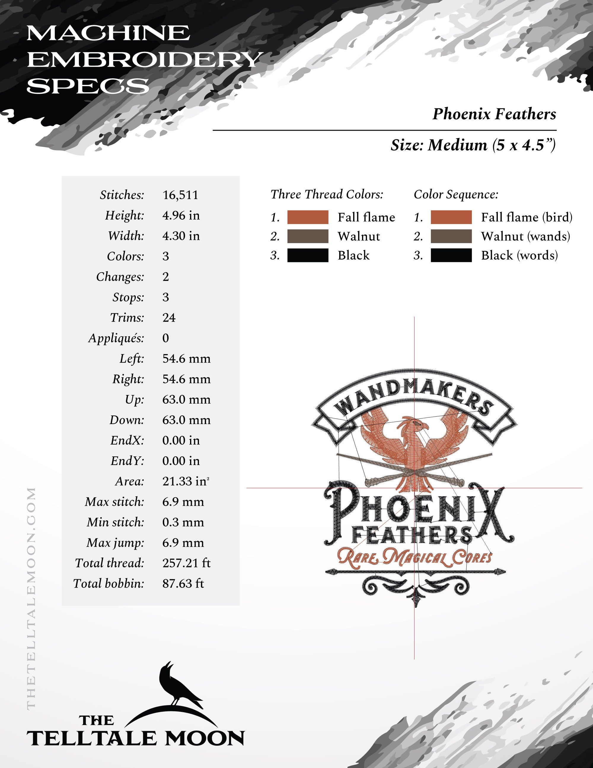 Embroidery: "Phoenix Feathers" Wizard Wandmaker Logo (4, 5, 6, 7, 8, 9, and 10 Inches)