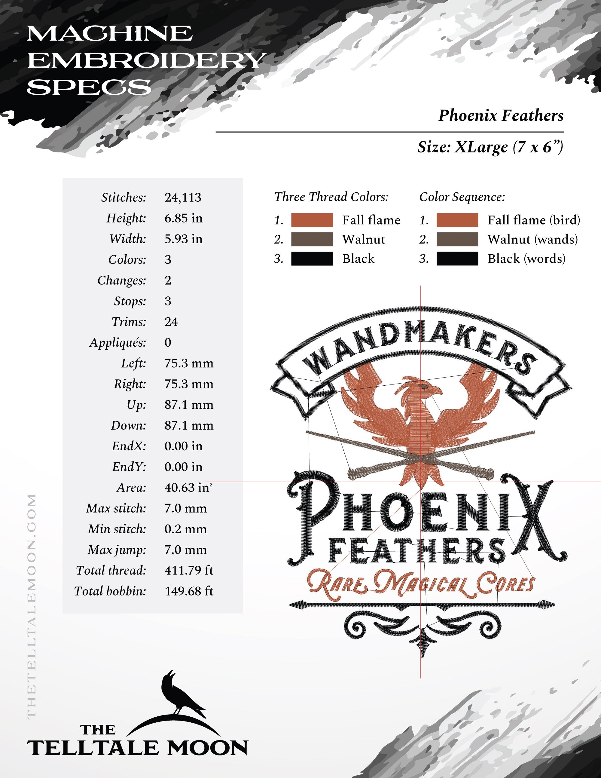 Embroidery: "Phoenix Feathers" Wizard Wandmaker Logo (4, 5, 6, 7, 8, 9, and 10 Inches)