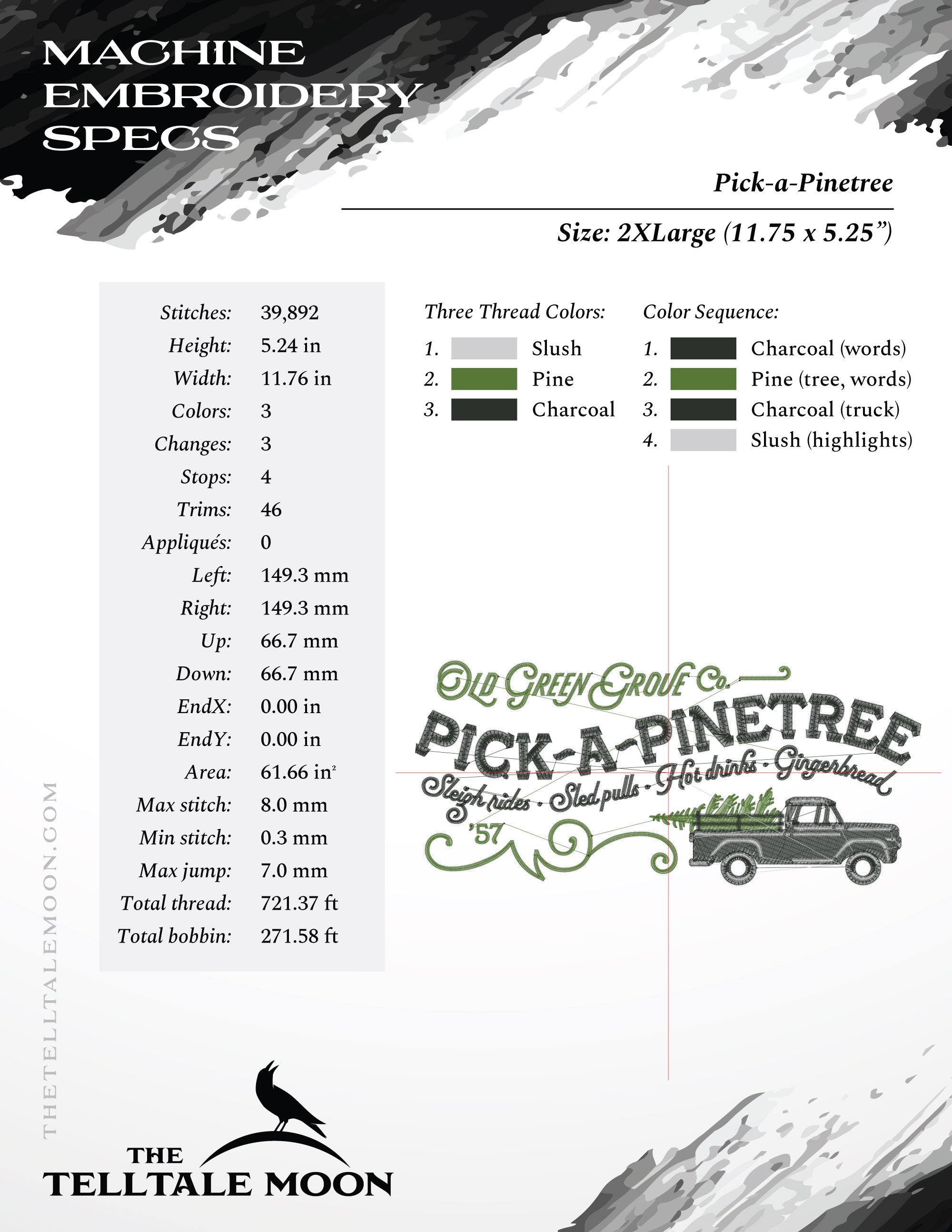 Embroidery: Classic "Pick-a-Pinetree" Design - Five Sizes About 7, 8, 9, 10, 12 Inches Wide - 3 Thread Colors