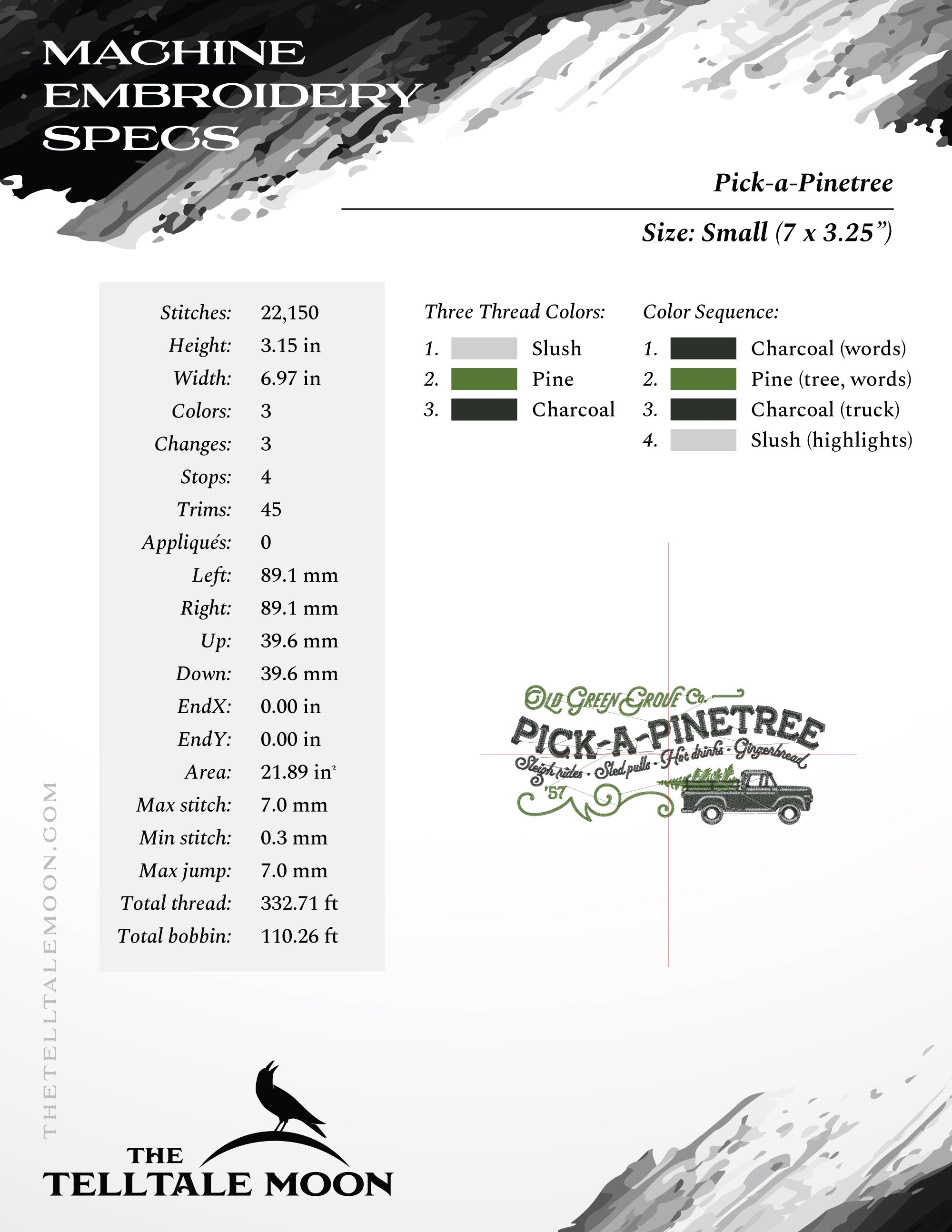 Embroidery: Classic "Pick-a-Pinetree" Design - Five Sizes About 7, 8, 9, 10, 12 Inches Wide - 3 Thread Colors