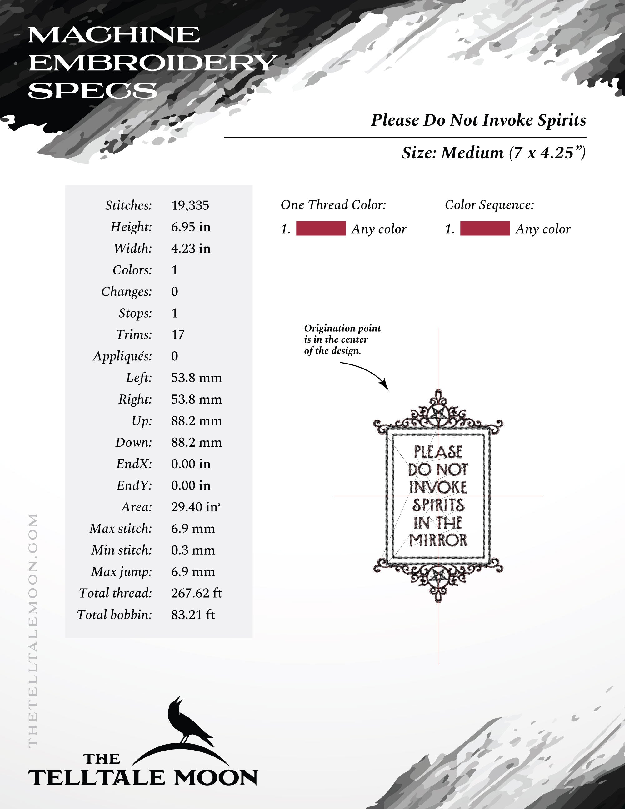 Embroidery: "Please Do Not Invoke Spirits to the Mirror" - Six Sizes Between 6 and 12 Inches Tall