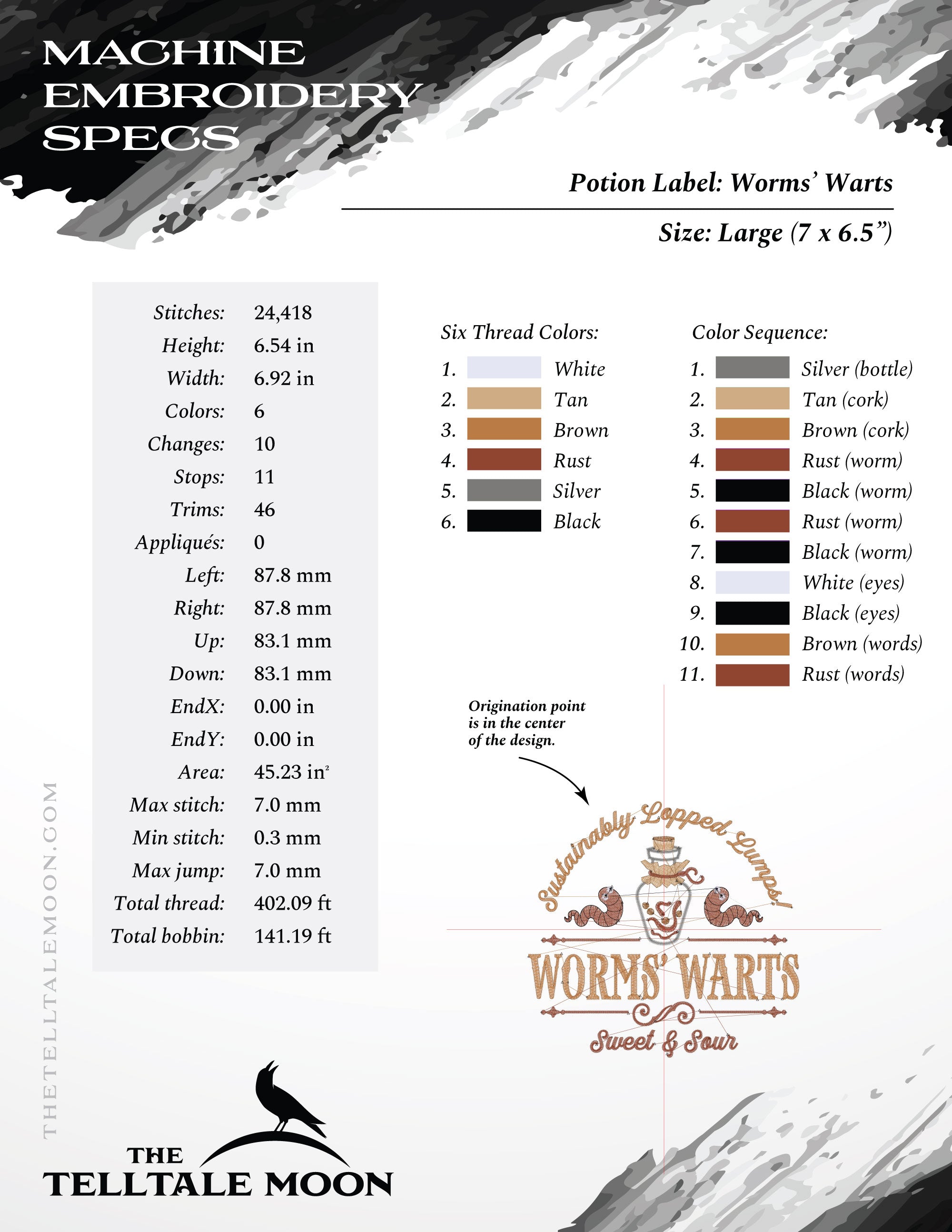 Embroidery: "Worms Warts" - Four Sizes 5 to 8 Inches Wide - Six Thread Colors