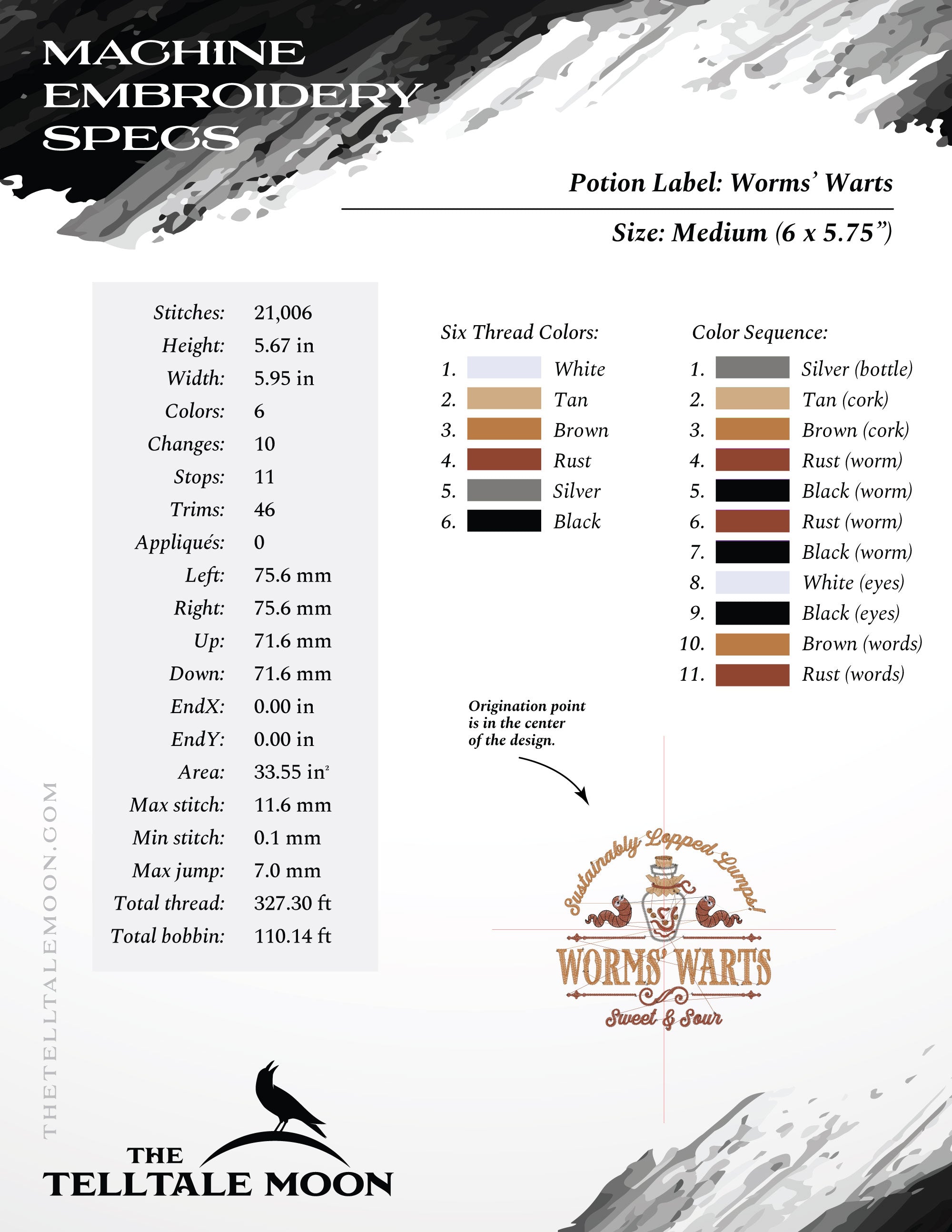 Embroidery: "Worms Warts" - Four Sizes 5 to 8 Inches Wide - Six Thread Colors