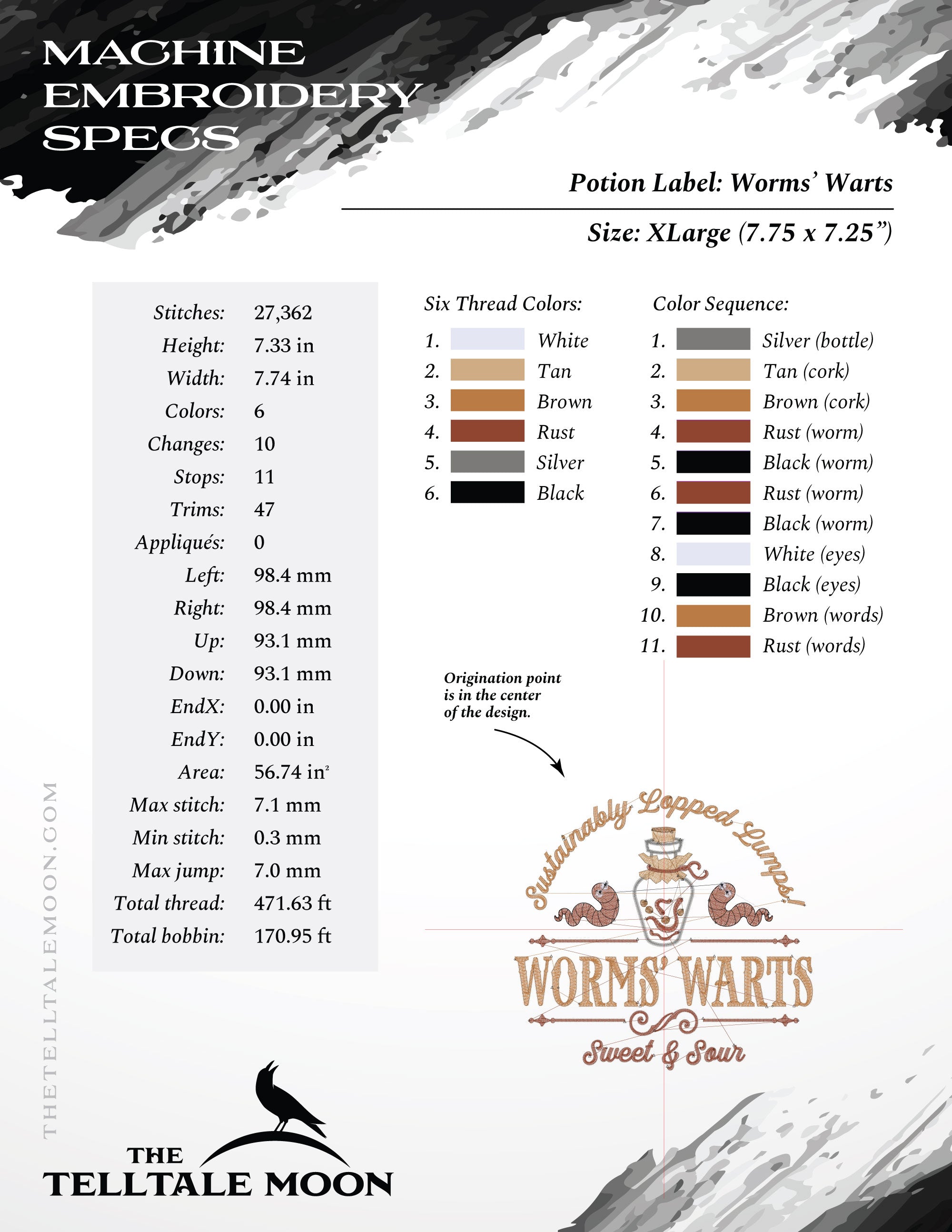 Embroidery: "Worms Warts" - Four Sizes 5 to 8 Inches Wide - Six Thread Colors