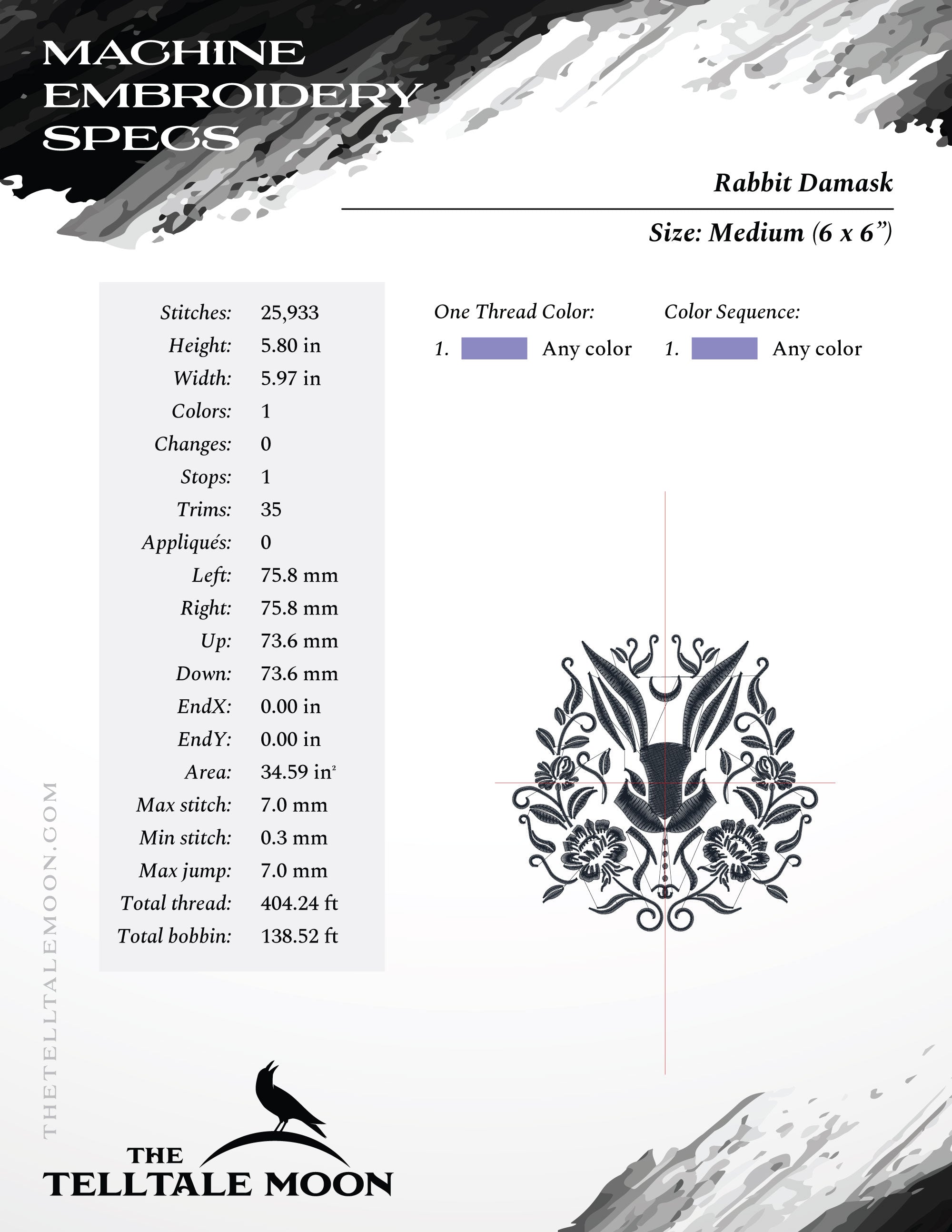 Embroidery Files: Pretty, Gothic-style Rabbit Damask - Four Sizes Between 5 and 8 Inches - One Thread Color