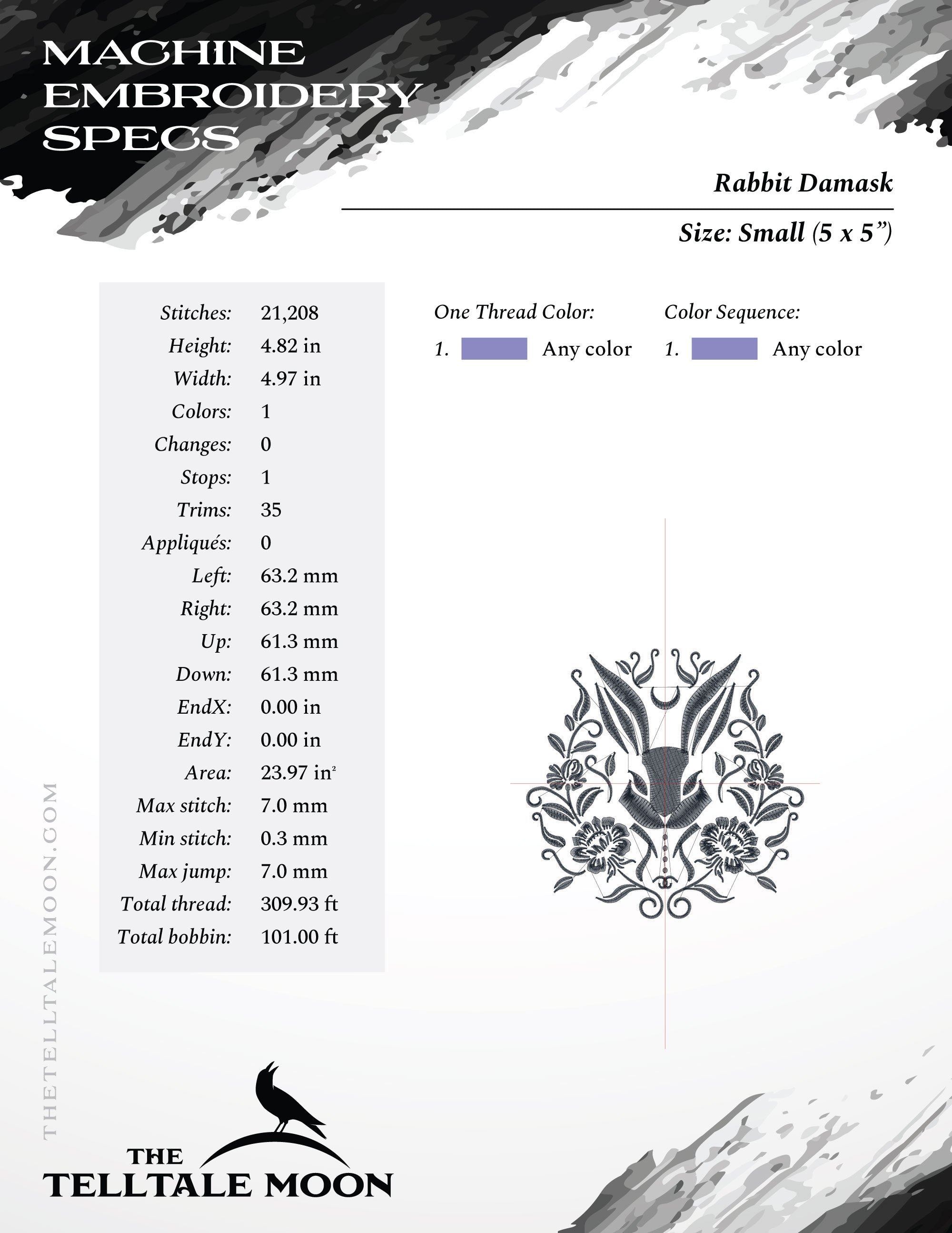 Embroidery Files: Pretty, Gothic-style Rabbit Damask - Four Sizes Between 5 and 8 Inches - One Thread Color