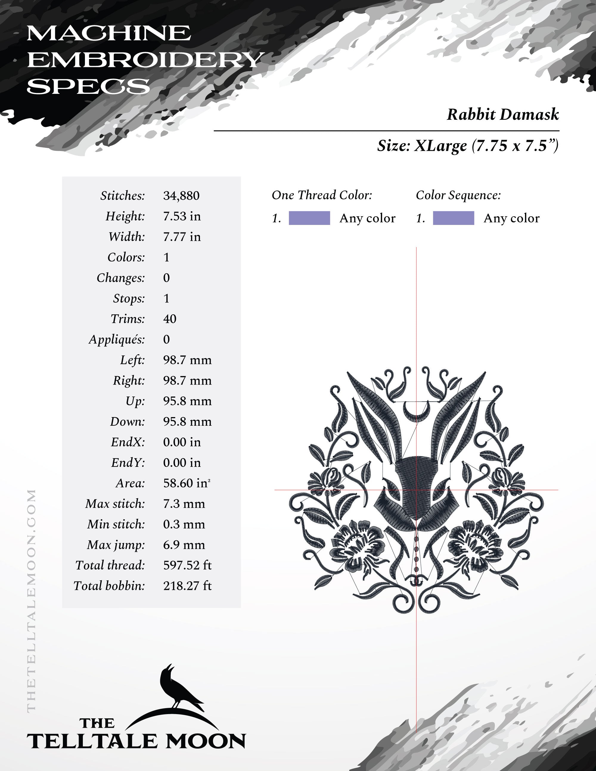 Embroidery Files: Pretty, Gothic-style Rabbit Damask - Four Sizes Between 5 and 8 Inches - One Thread Color