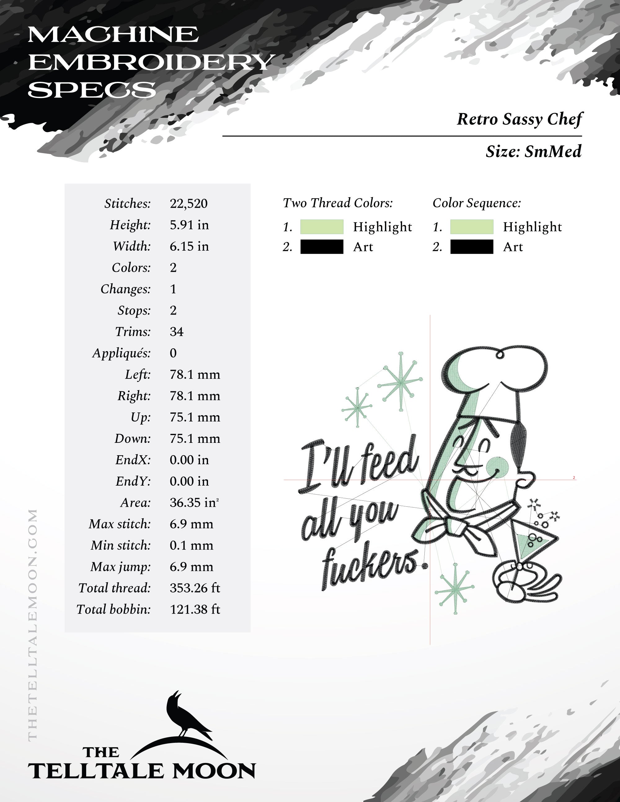 Machine Embroidery: Retro Sassy Chef Design (5, 6, 6.75, and 7.8 Inches, Two Colors)