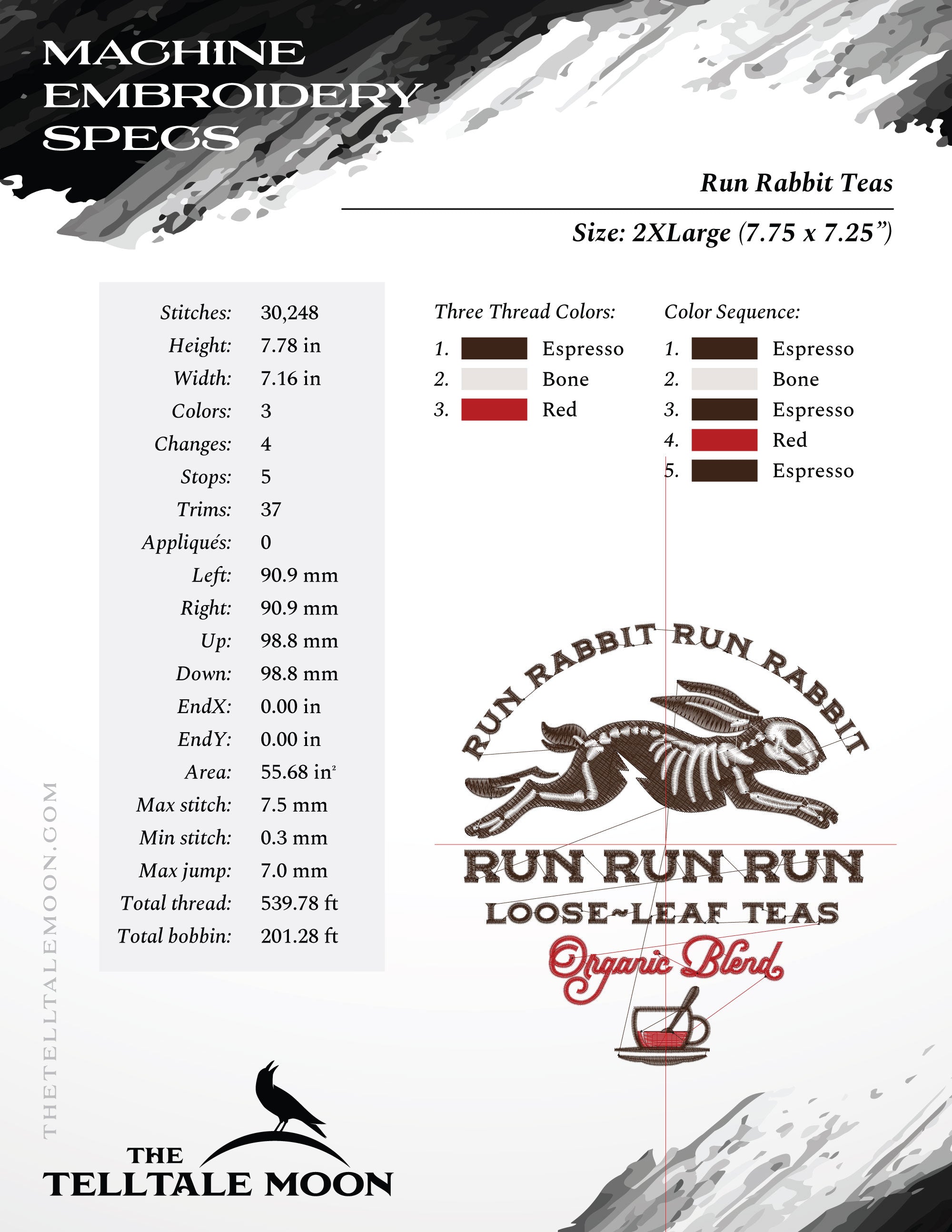 Embroidery Files: "Run Rabbit Run Teas" - Five Sizes Between 5.5 and 8.5 Inches - Three Thread Colors