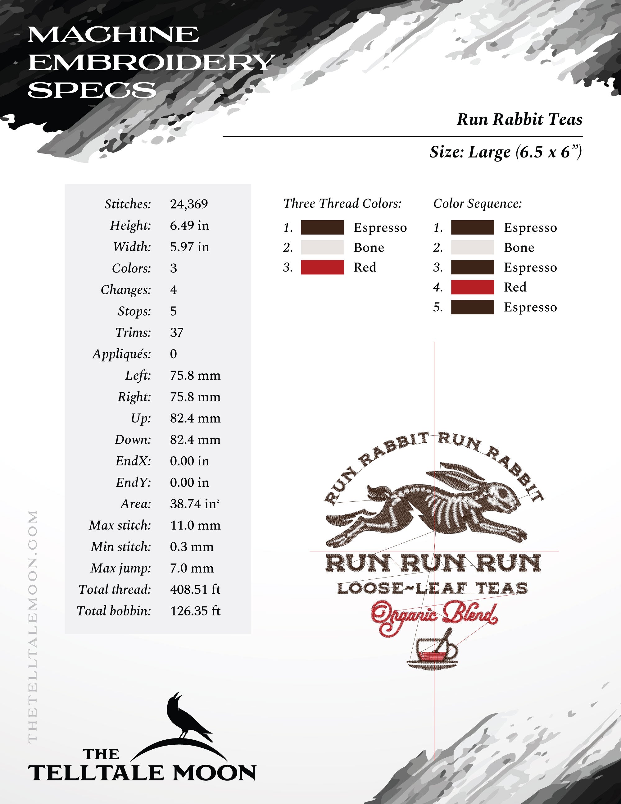 Embroidery Files: "Run Rabbit Run Teas" - Five Sizes Between 5.5 and 8.5 Inches - Three Thread Colors