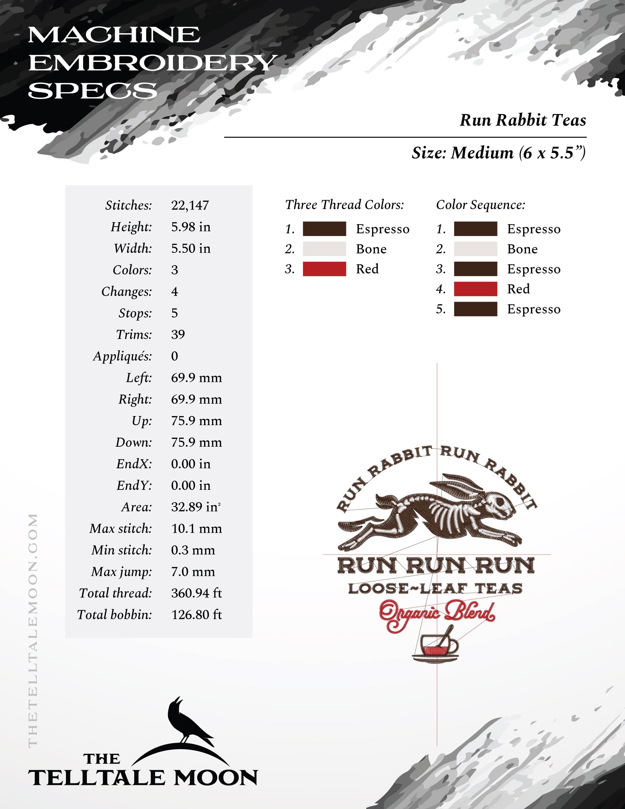 Embroidery Files: "Run Rabbit Run Teas" - Five Sizes Between 5.5 and 8.5 Inches - Three Thread Colors