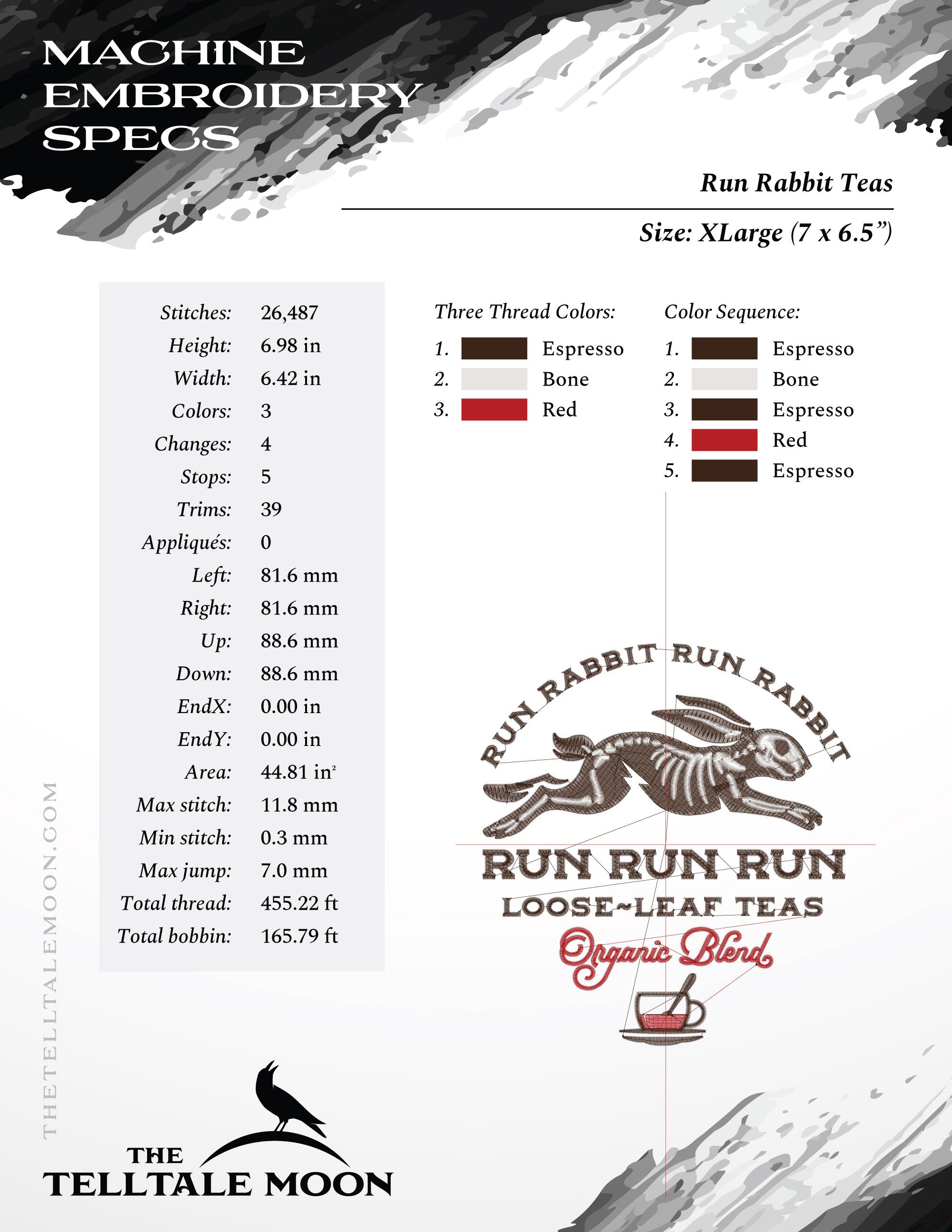 Embroidery Files: "Run Rabbit Run Teas" - Five Sizes Between 5.5 and 8.5 Inches - Three Thread Colors