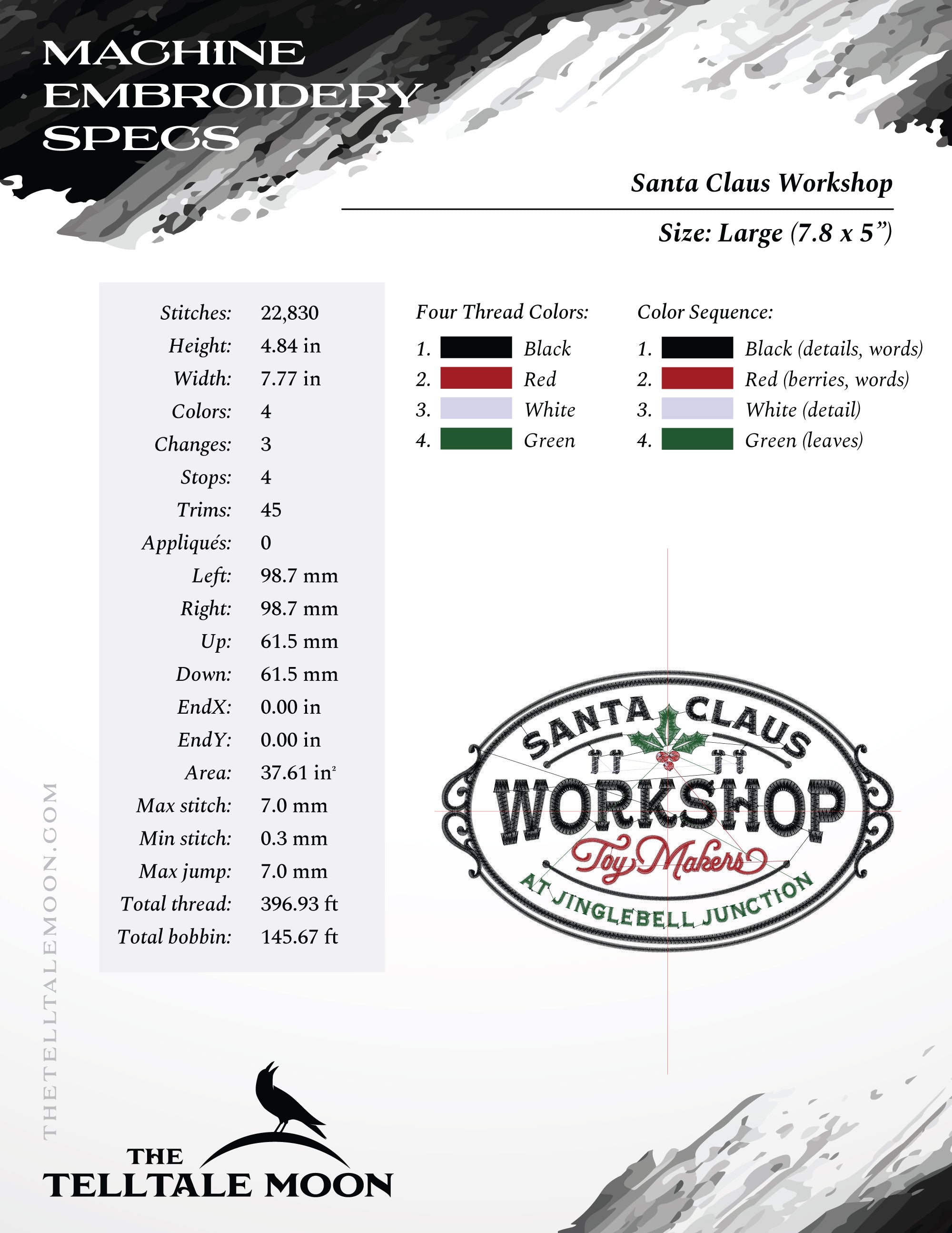 Machine Embroidery: "Santa Claus Workshop" (4 Colors; 4 Sizes Between 6.5 and 9 Inches; Several Formats)