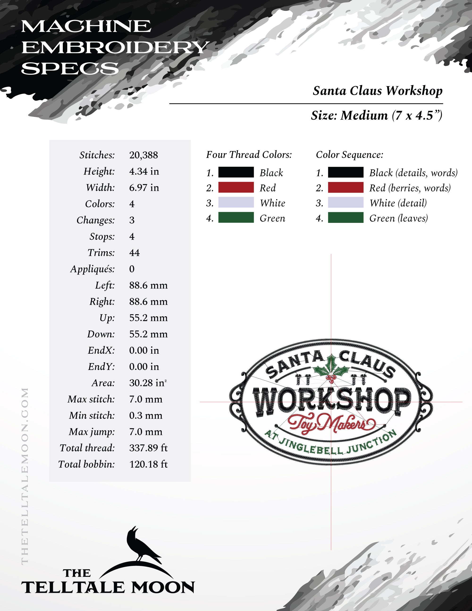 Machine Embroidery: "Santa Claus Workshop" (4 Colors; 4 Sizes Between 6.5 and 9 Inches; Several Formats)