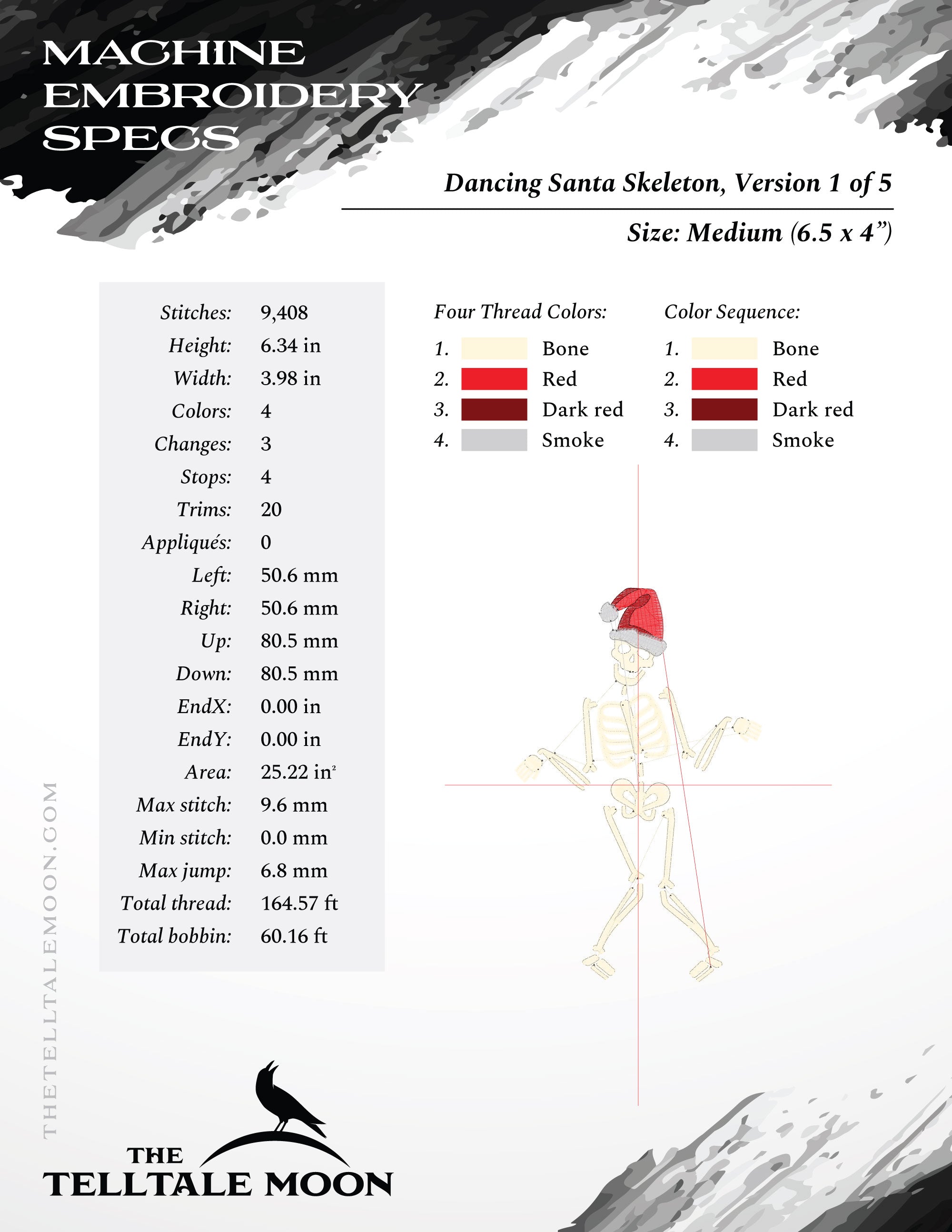 Embroidery: Dancing Santa Skeleton (4 Colors; 3 Sizes Between 6 and 7 Inches Tall)