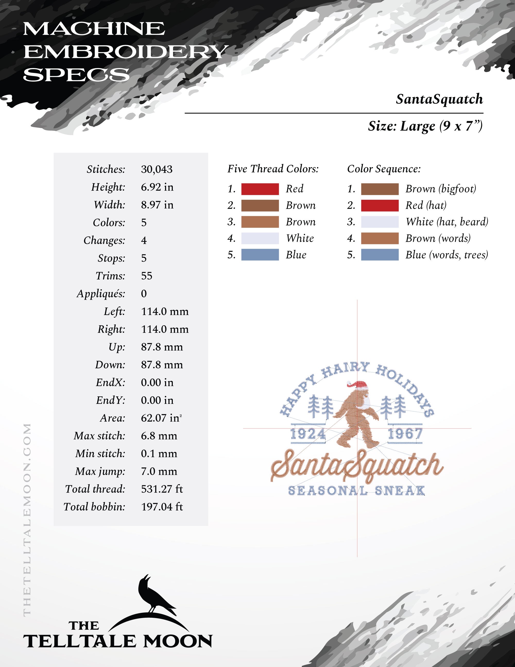 Embroidery: Bigfoot "SantaSquatch" Design - Five Sizes Between 6.5 and 11 Inches Wide