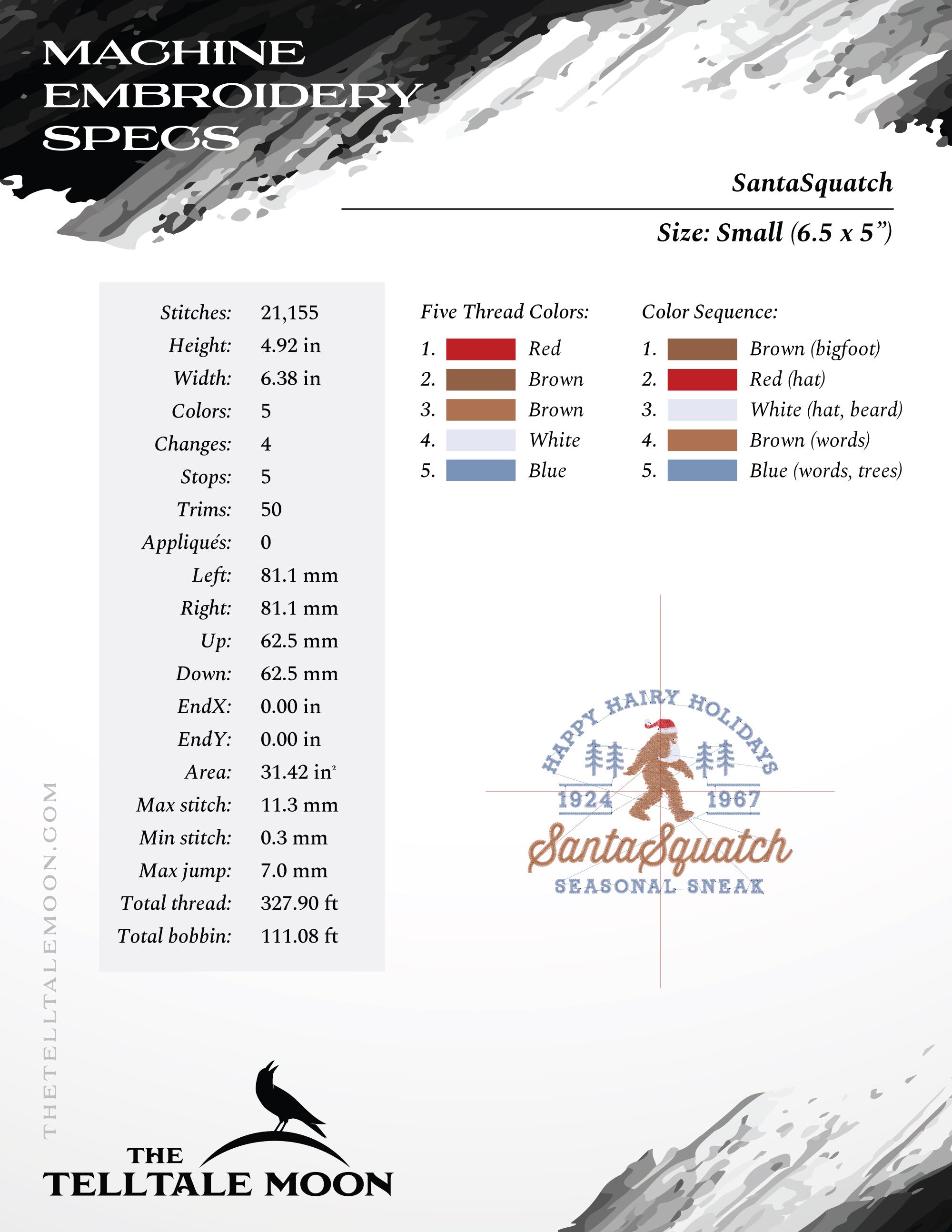 Embroidery: Bigfoot "SantaSquatch" Design - Five Sizes Between 6.5 and 11 Inches Wide