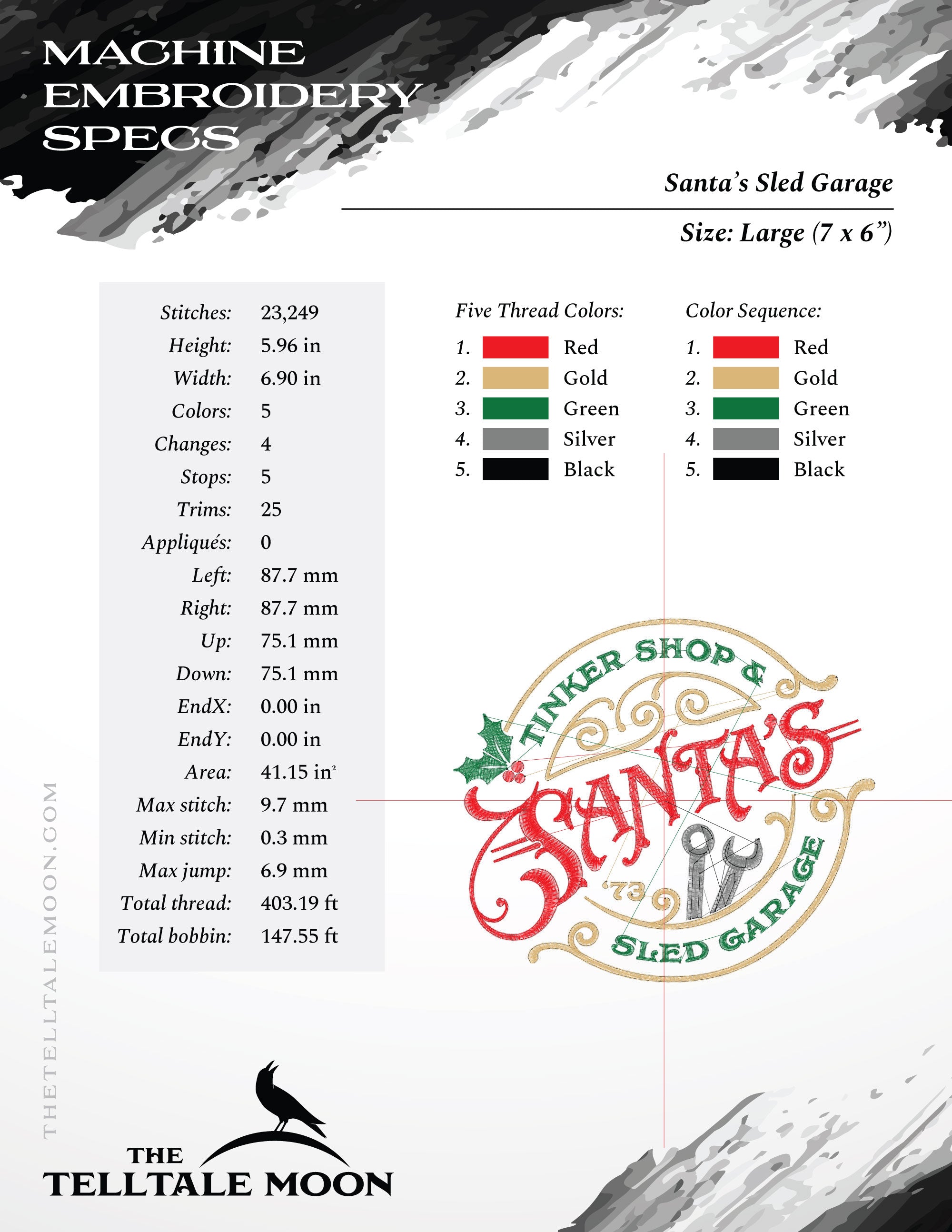 Embroidery: "Santa's Garage" Retro Style Christmas Sign (5 Colors; 4 Sizes Between 6.5 and 7.8 Inches Wide)