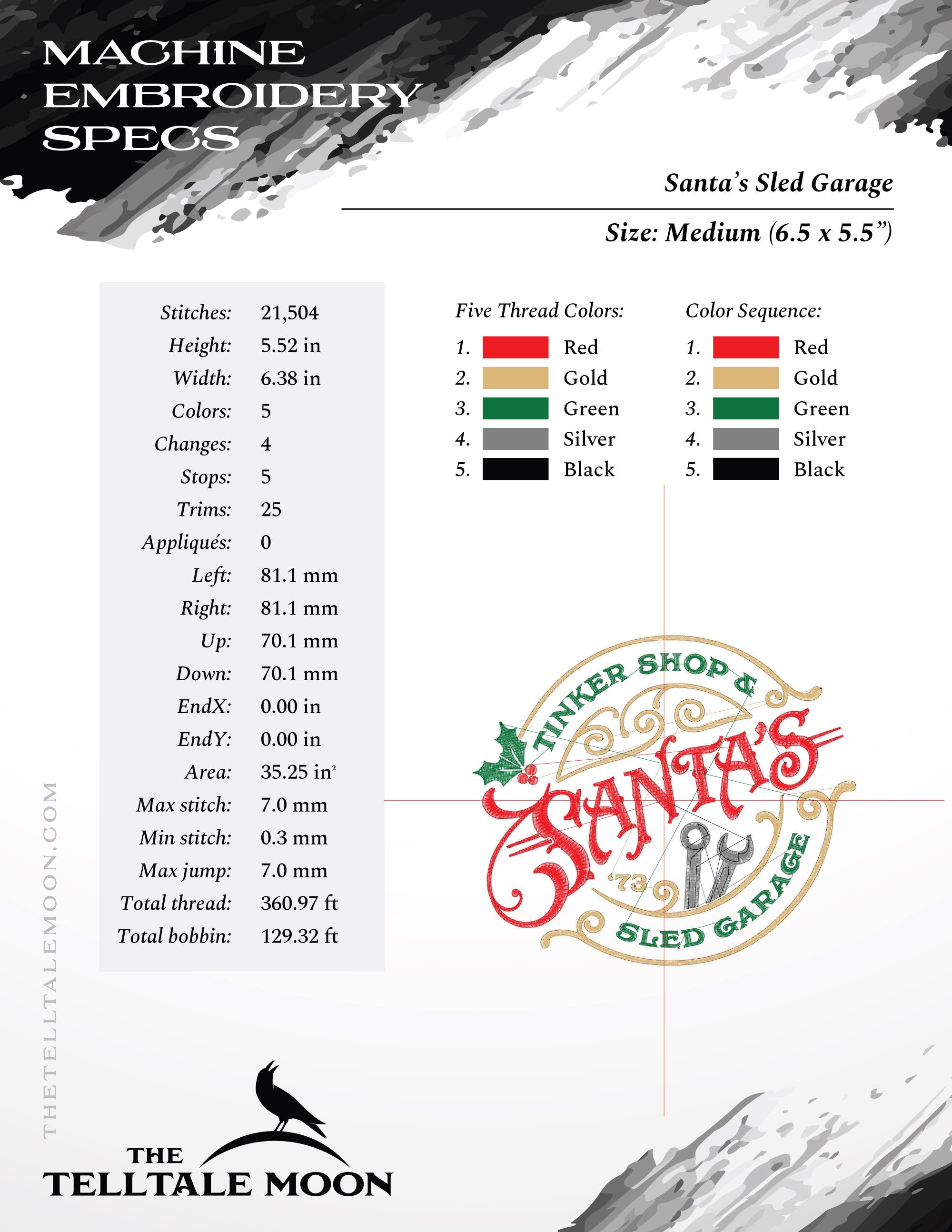 Embroidery: "Santa's Garage" Retro Style Christmas Sign (5 Colors; 4 Sizes Between 6.5 and 7.8 Inches Wide)