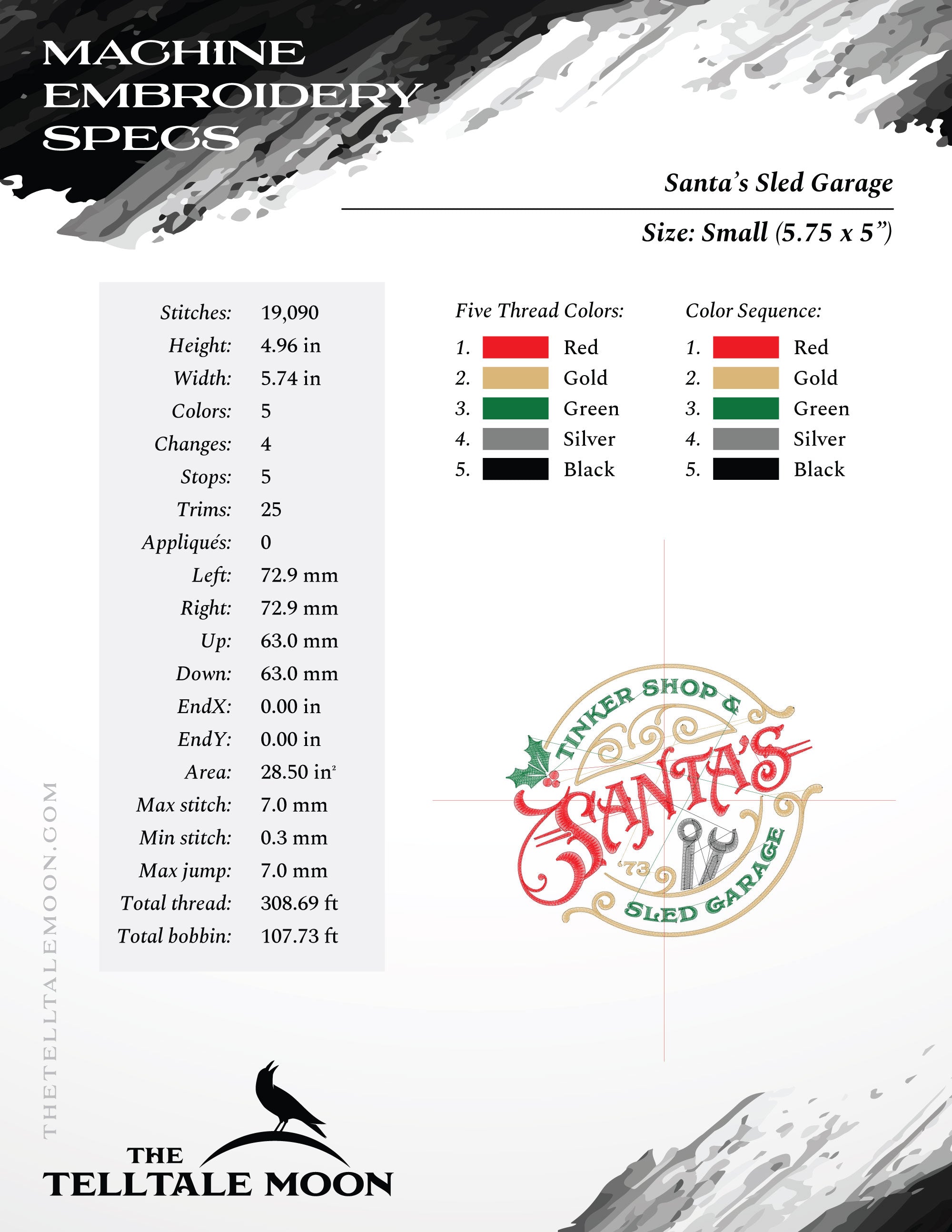 Embroidery: "Santa's Garage" Retro Style Christmas Sign (5 Colors; 4 Sizes Between 6.5 and 7.8 Inches Wide)