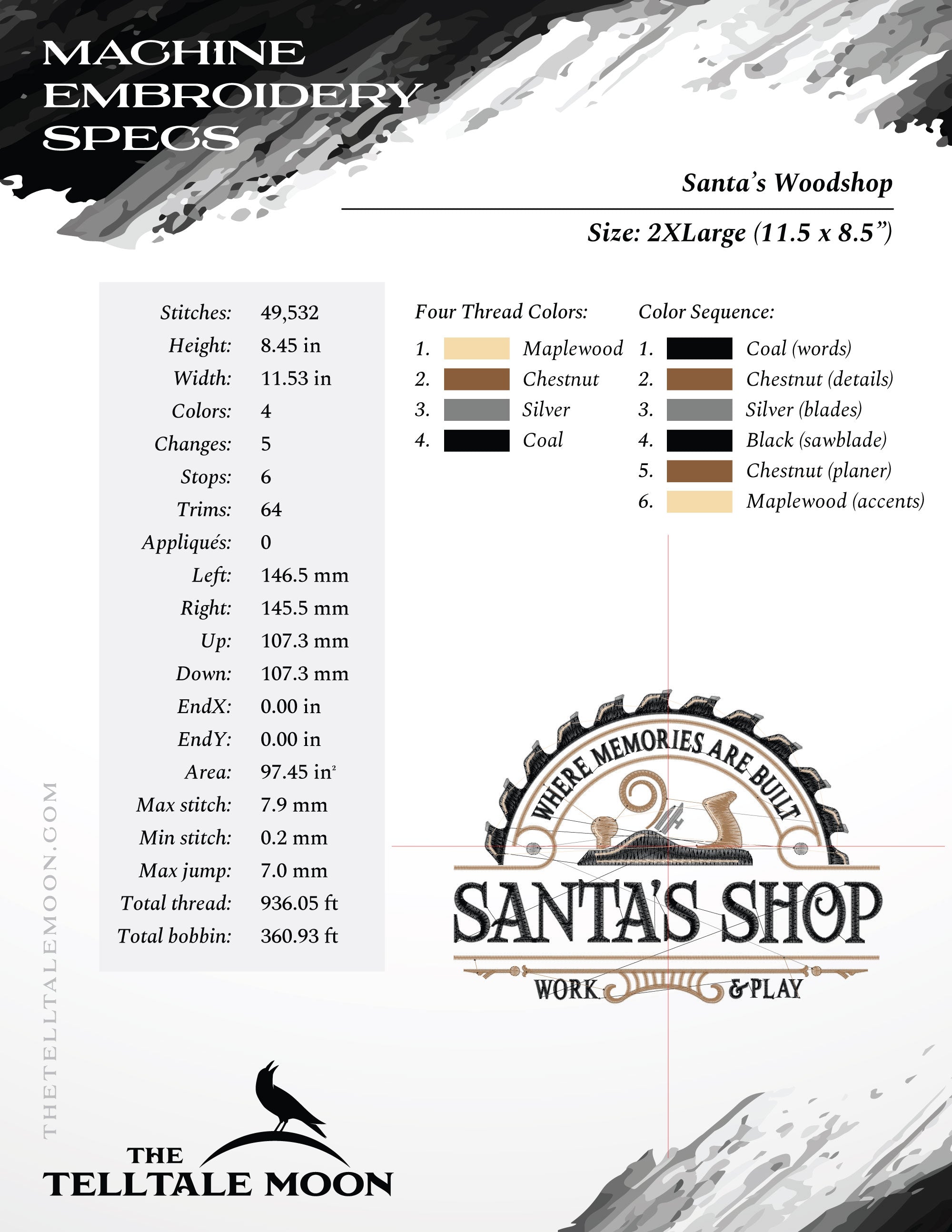 Embroidery: "Santa's Woodshop" - 4 Thread Colors - 6 Sizes