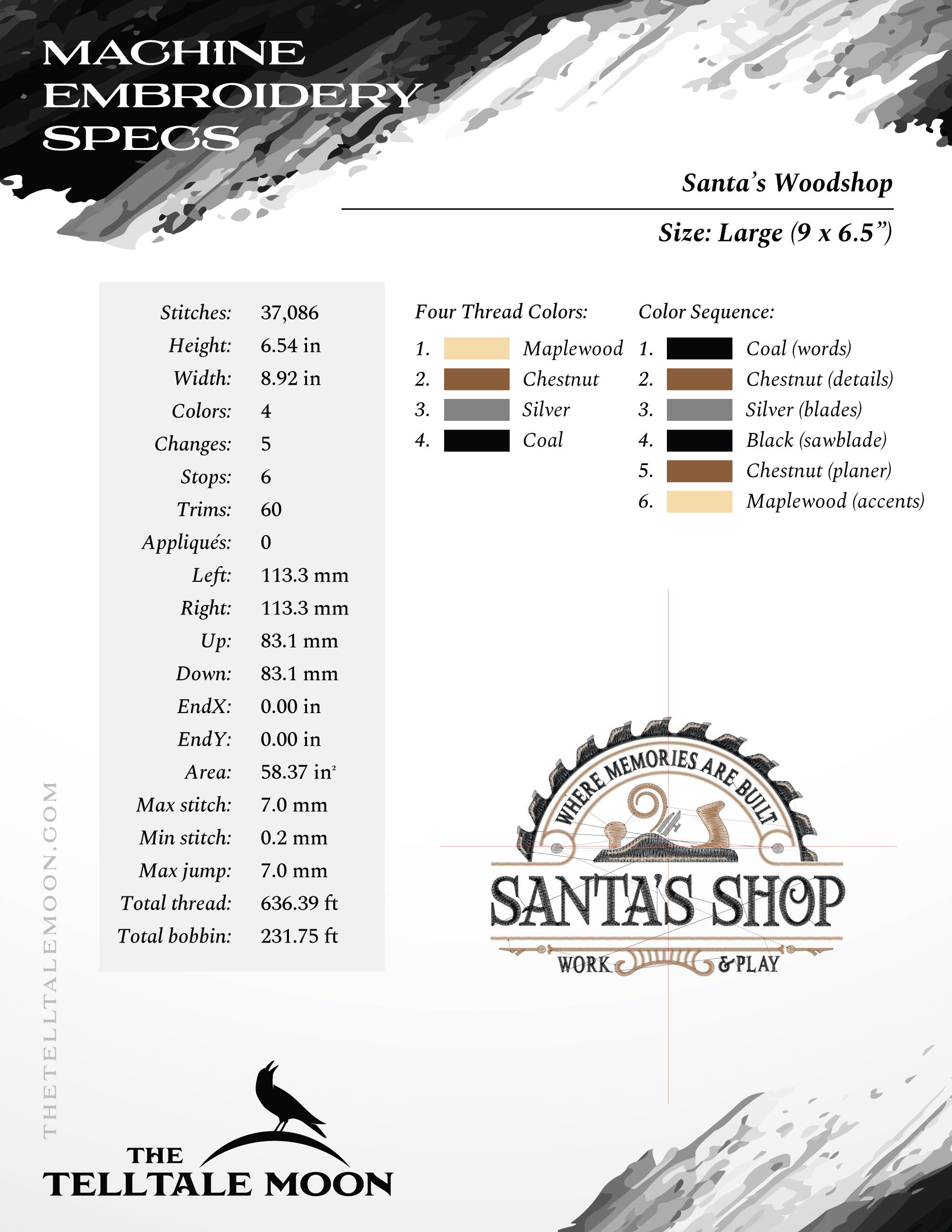 Embroidery: "Santa's Woodshop" - 4 Thread Colors - 6 Sizes