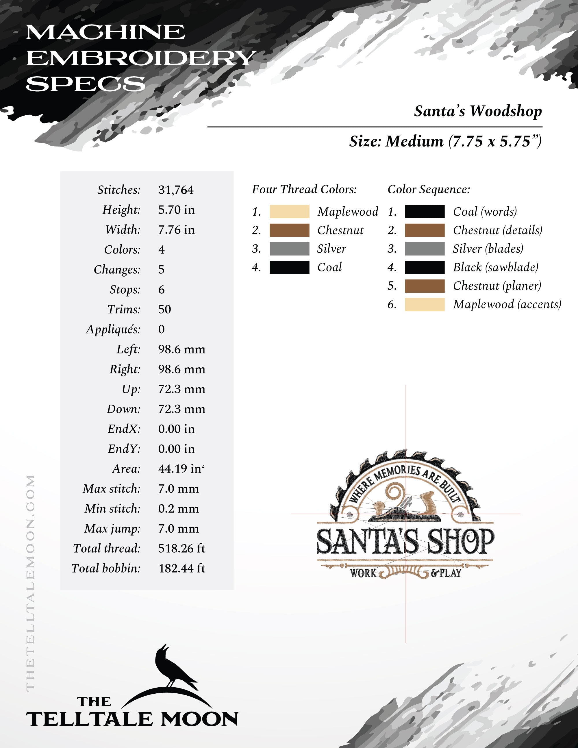 Embroidery: "Santa's Woodshop" - 4 Thread Colors - 6 Sizes
