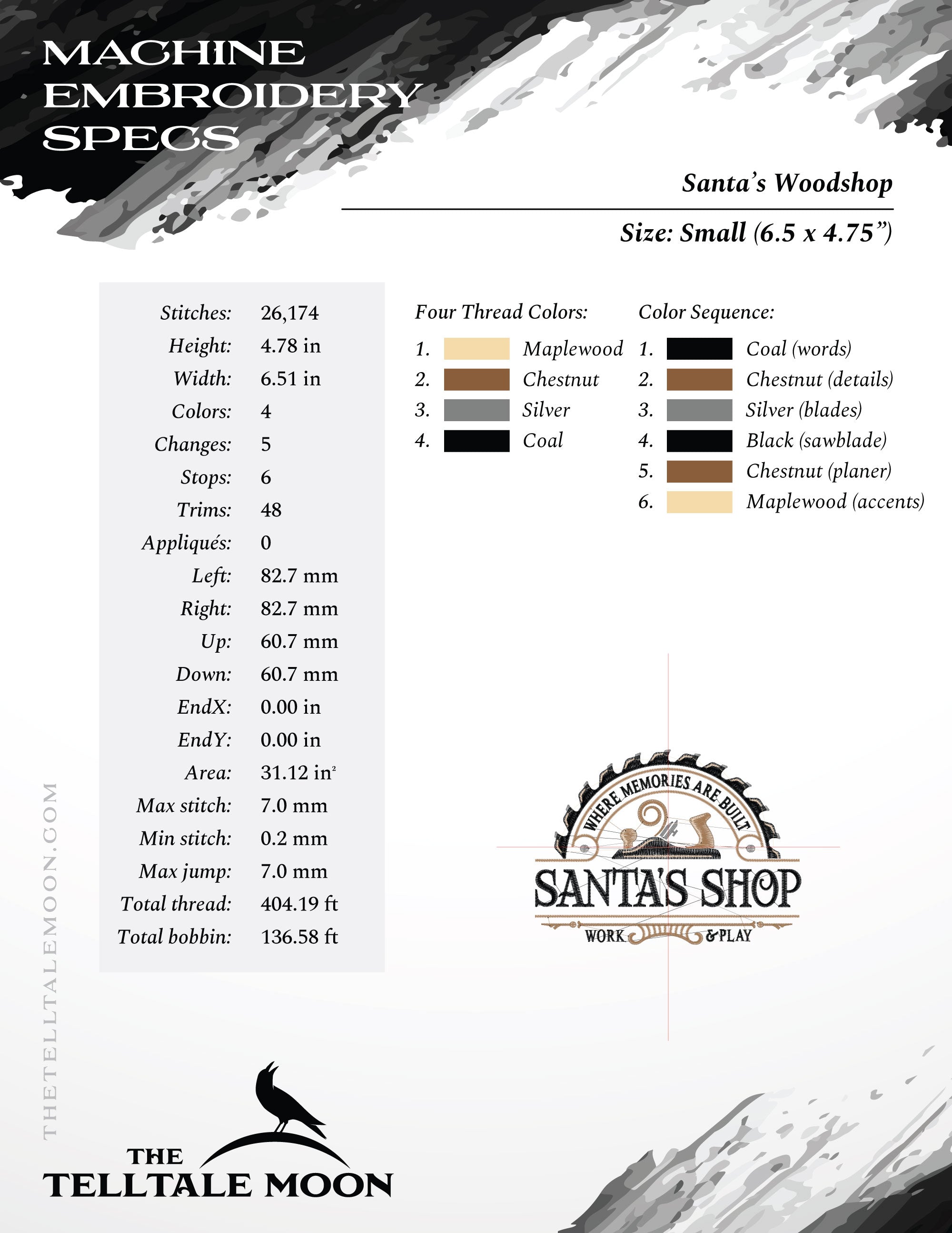Embroidery: "Santa's Woodshop" - 4 Thread Colors - 6 Sizes