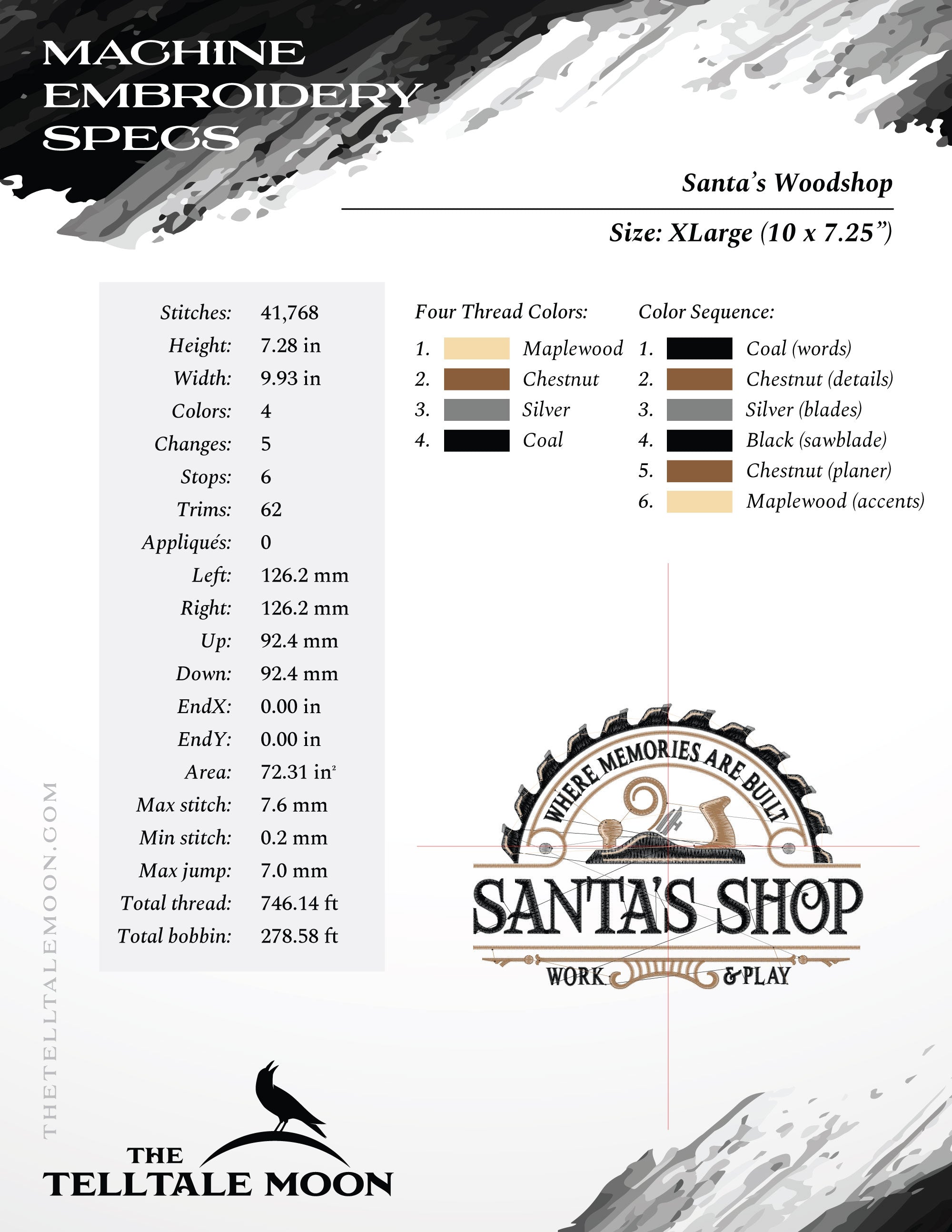 Embroidery: "Santa's Woodshop" - 4 Thread Colors - 6 Sizes