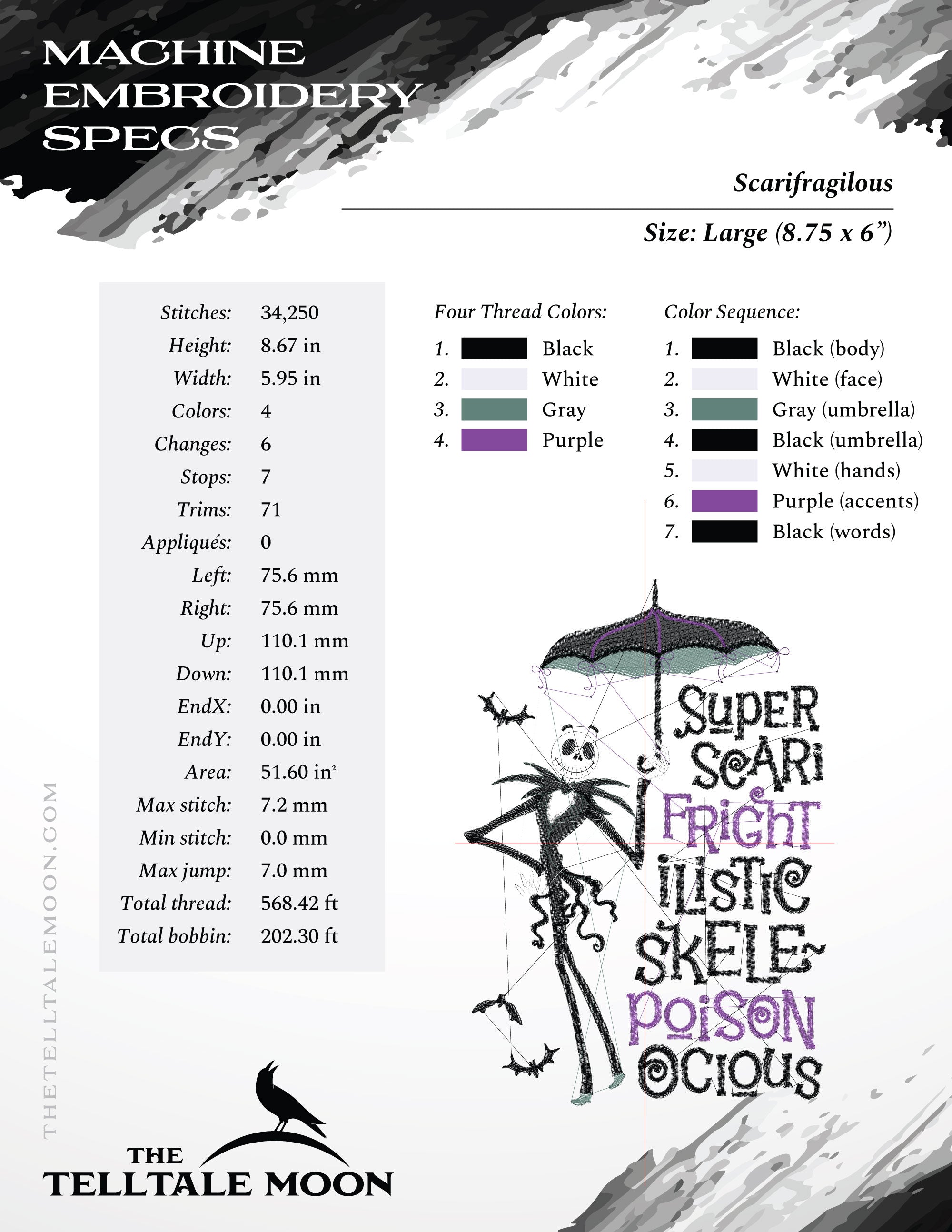 Embroidery: "Skelly Poppins" in Four Sizes Between 7 and 10 Inches Tall