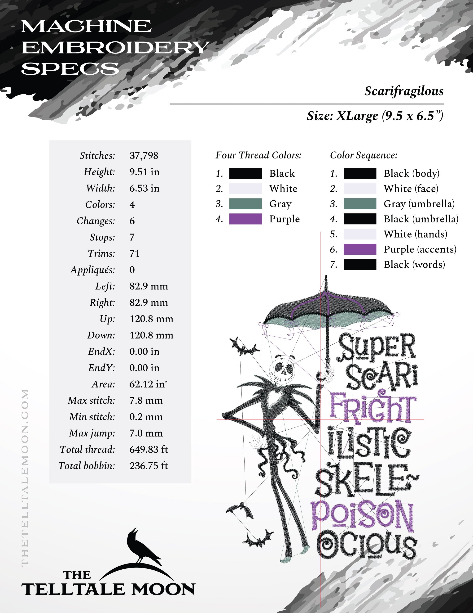 Embroidery: "Skelly Poppins" in Four Sizes Between 7 and 10 Inches Tall