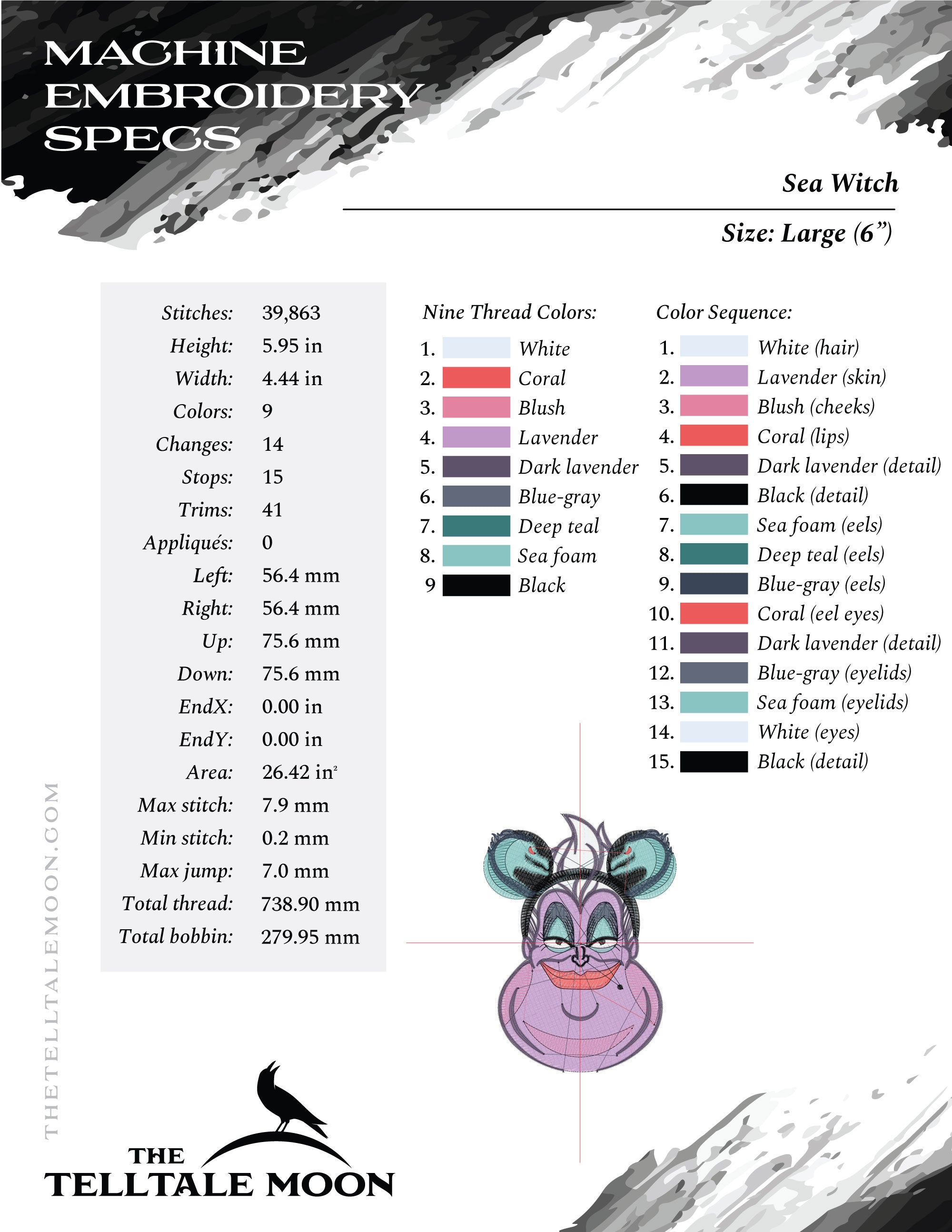 Embroidery Set: Sea Witch with Eel Ears in 4, 5, and 6 Inch Sizes